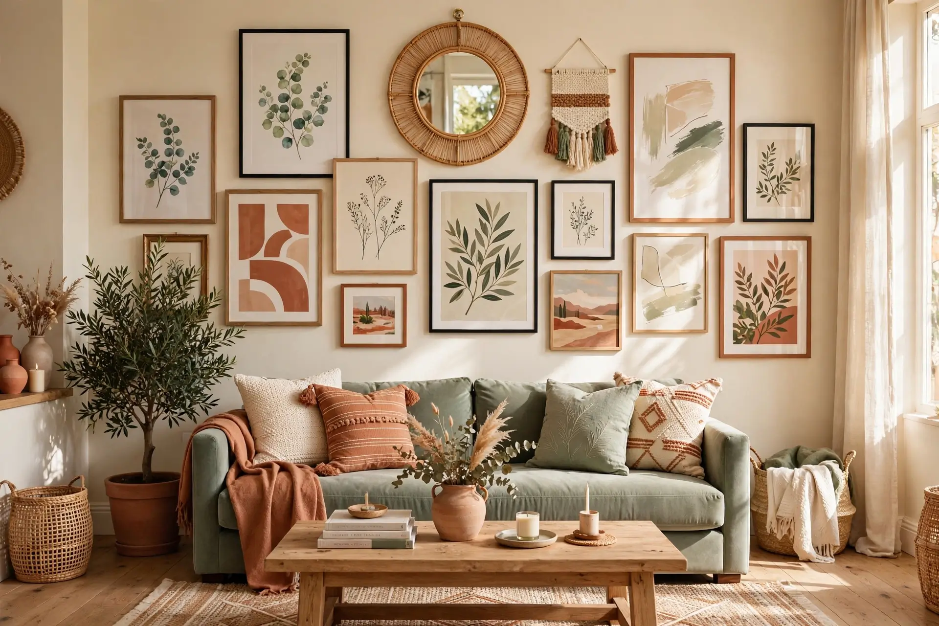 Bright living room with an eclectic gallery wall of framed art, mirror and woven hanging