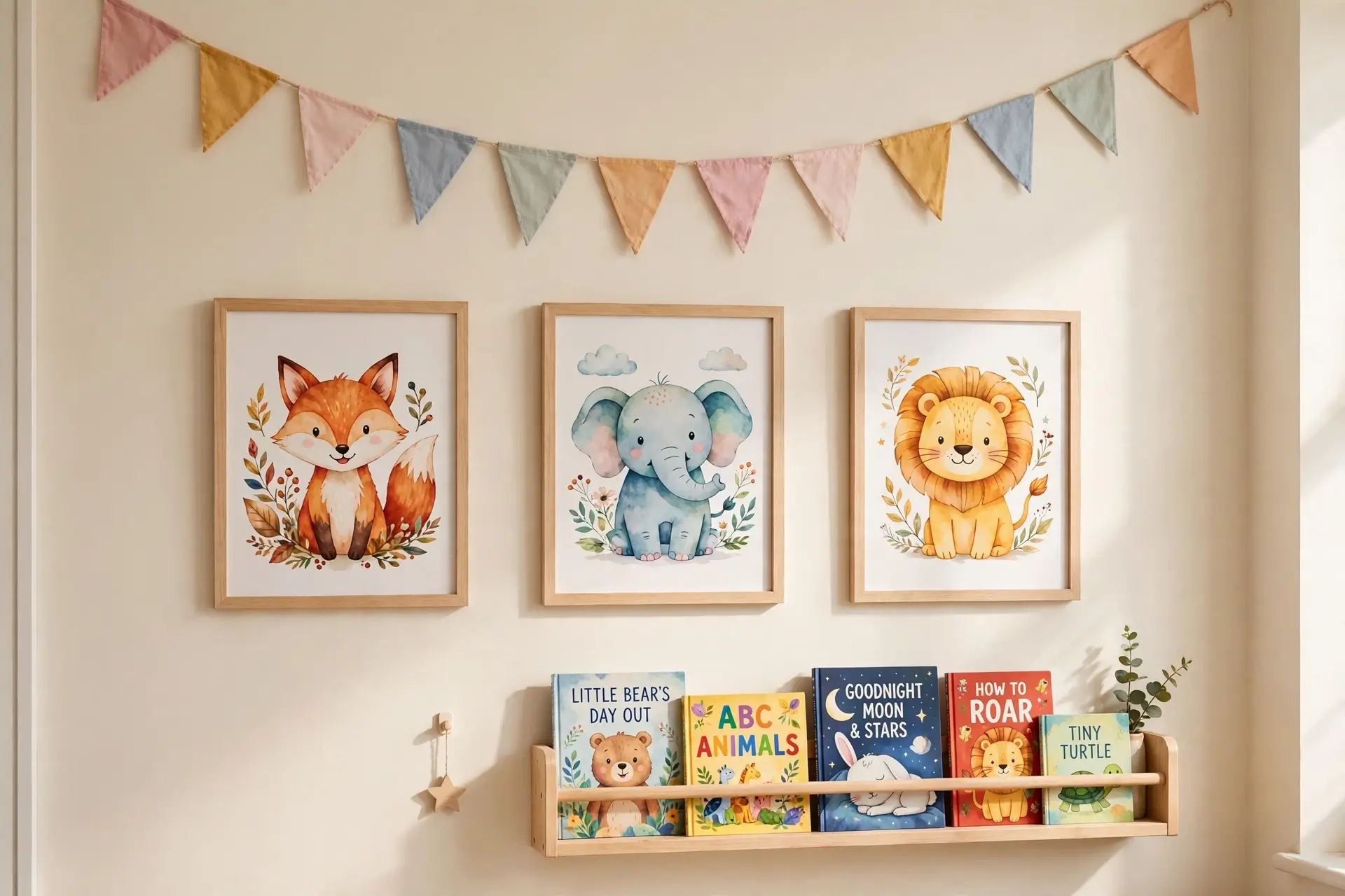 Cheerful kids bedroom wall with colorful animal prints, picture-book shelf and bunting garland