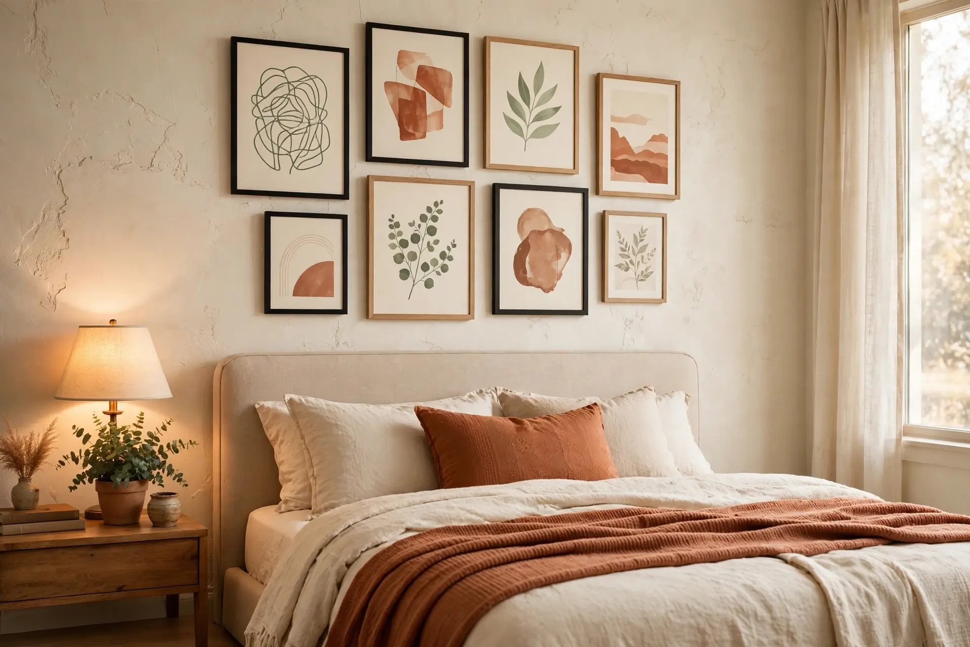 Bedroom gallery wall above a bed with framed art prints in terracotta, sage and cream tones