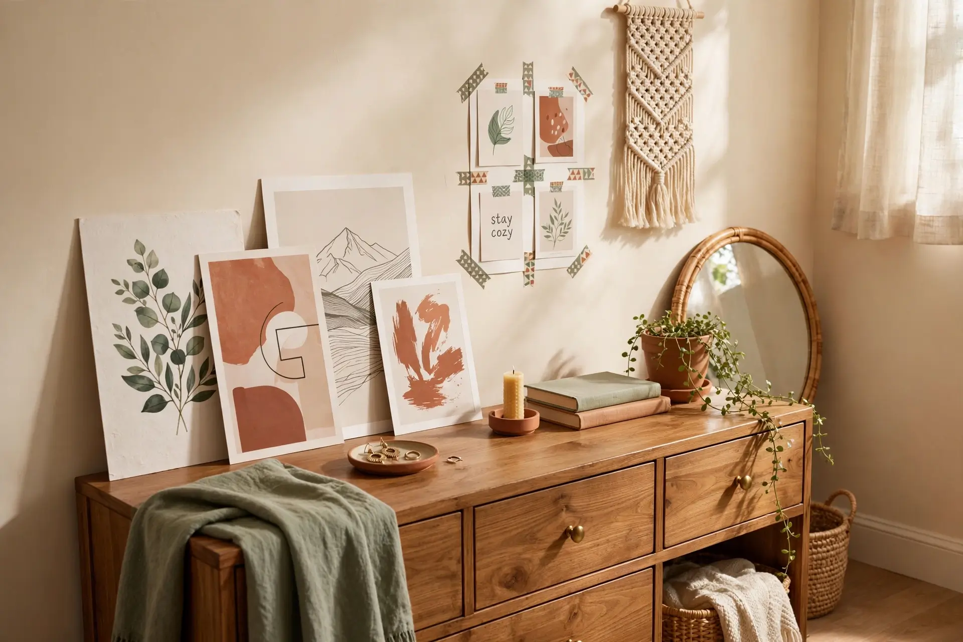 Renter-friendly bedroom wall with leaning art frames on a dresser, washi-taped poster grid and a woven wall hanging