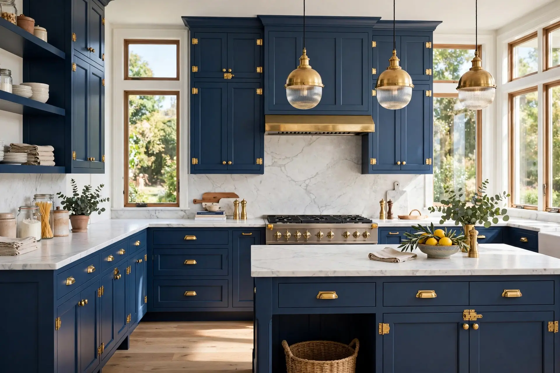 Navy blue kitchen with brass hardware and white marble countertops