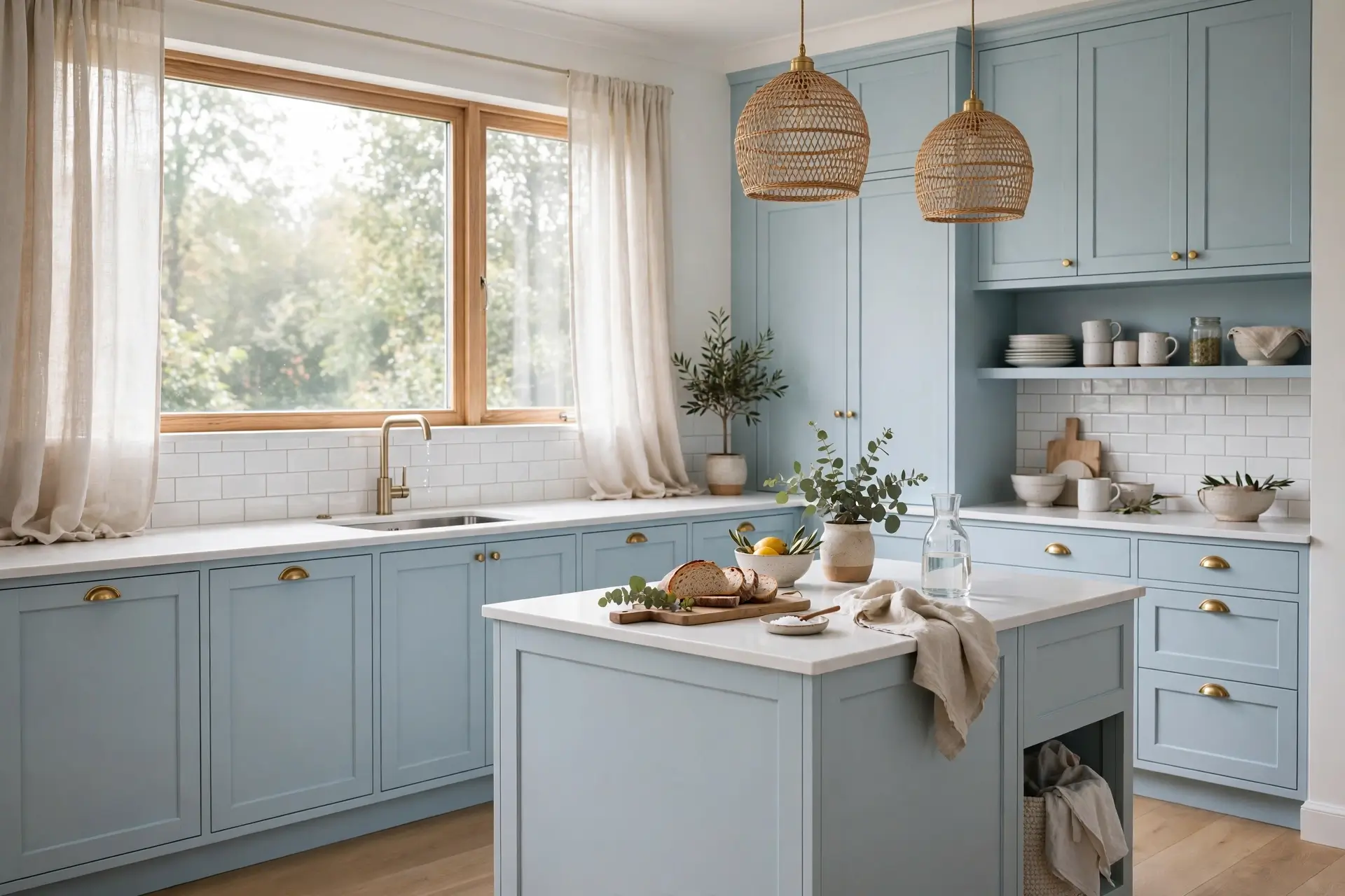 Soft powder blue kitchen cabinets with white countertops and light oak floor