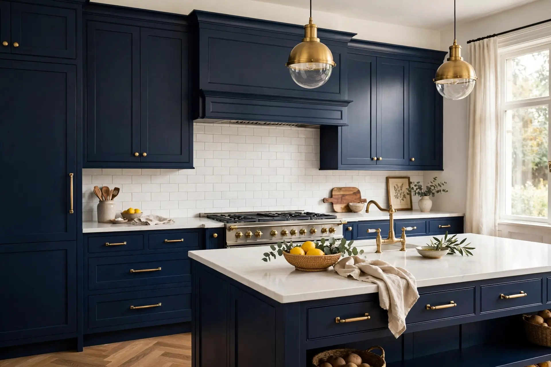 Classic navy blue shaker kitchen cabinets with brass handles