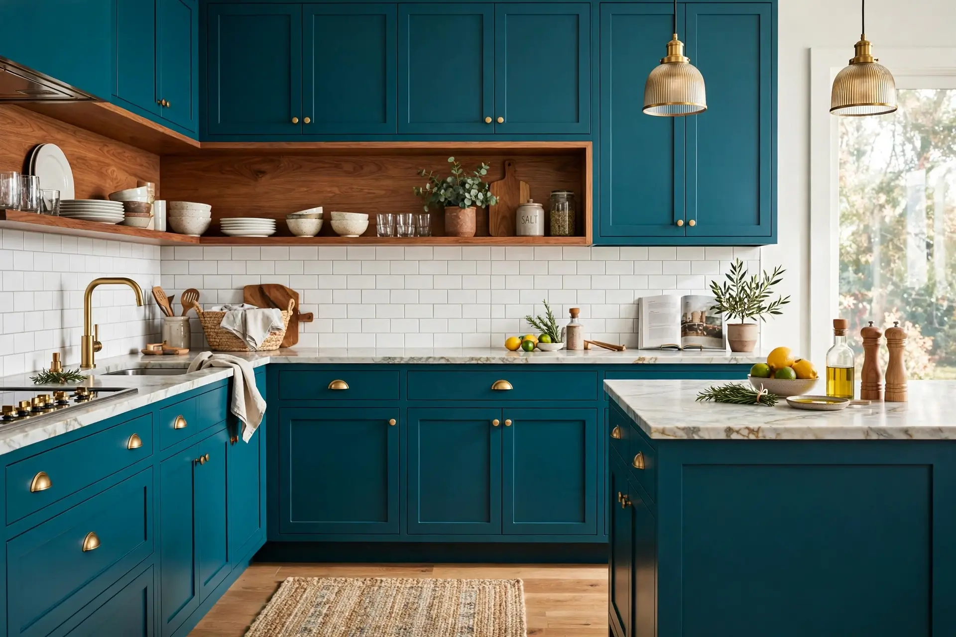Teal blue-green kitchen cabinets with warm wood open shelf