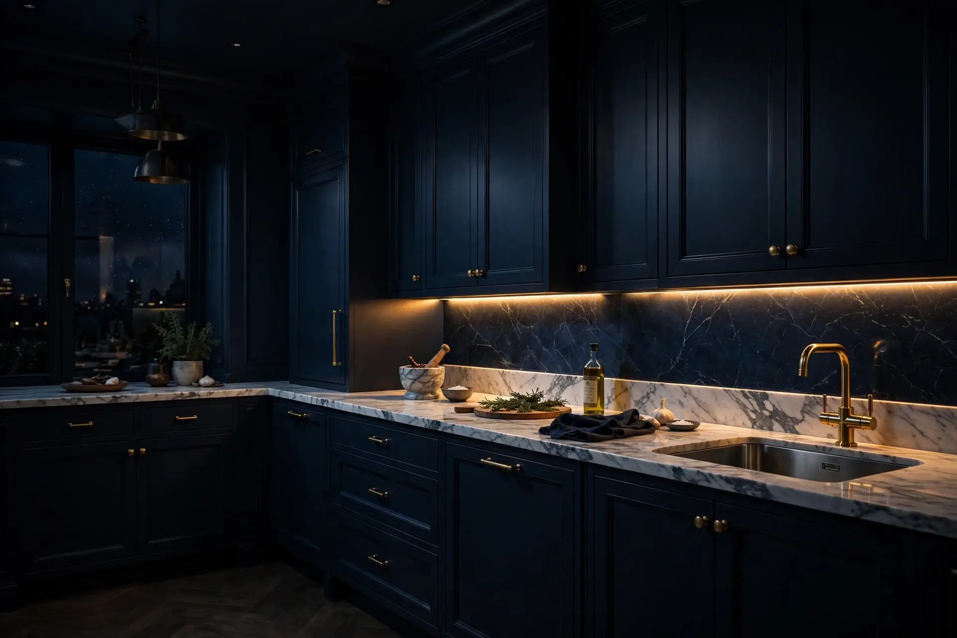 Midnight dark blue kitchen with dramatic under-cabinet lighting