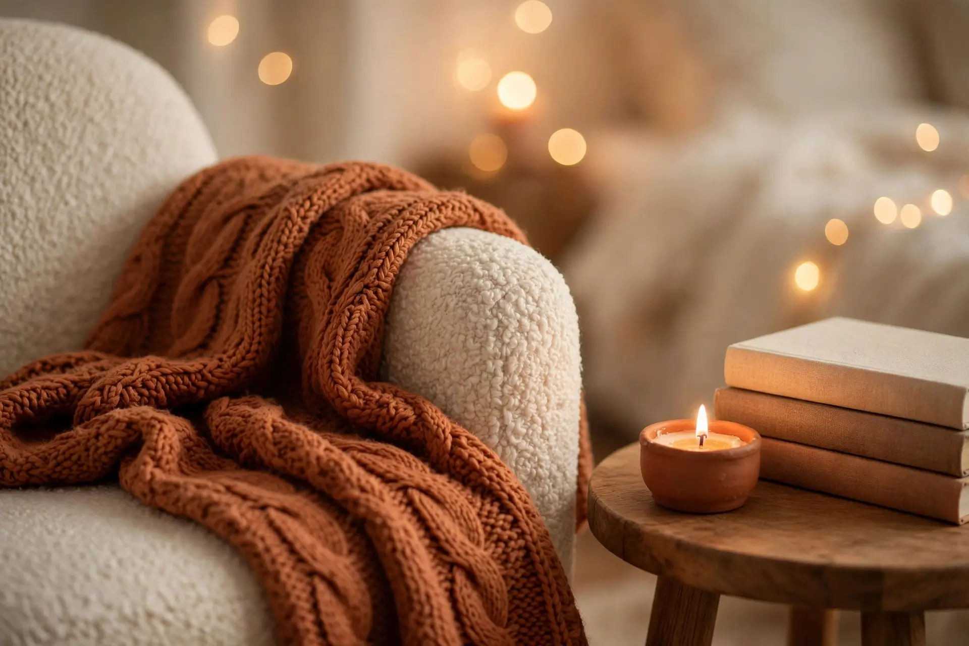 Cozy bedroom at dusk with warm lamplight, layered cream and terracotta bedding, and a sage green accent wall