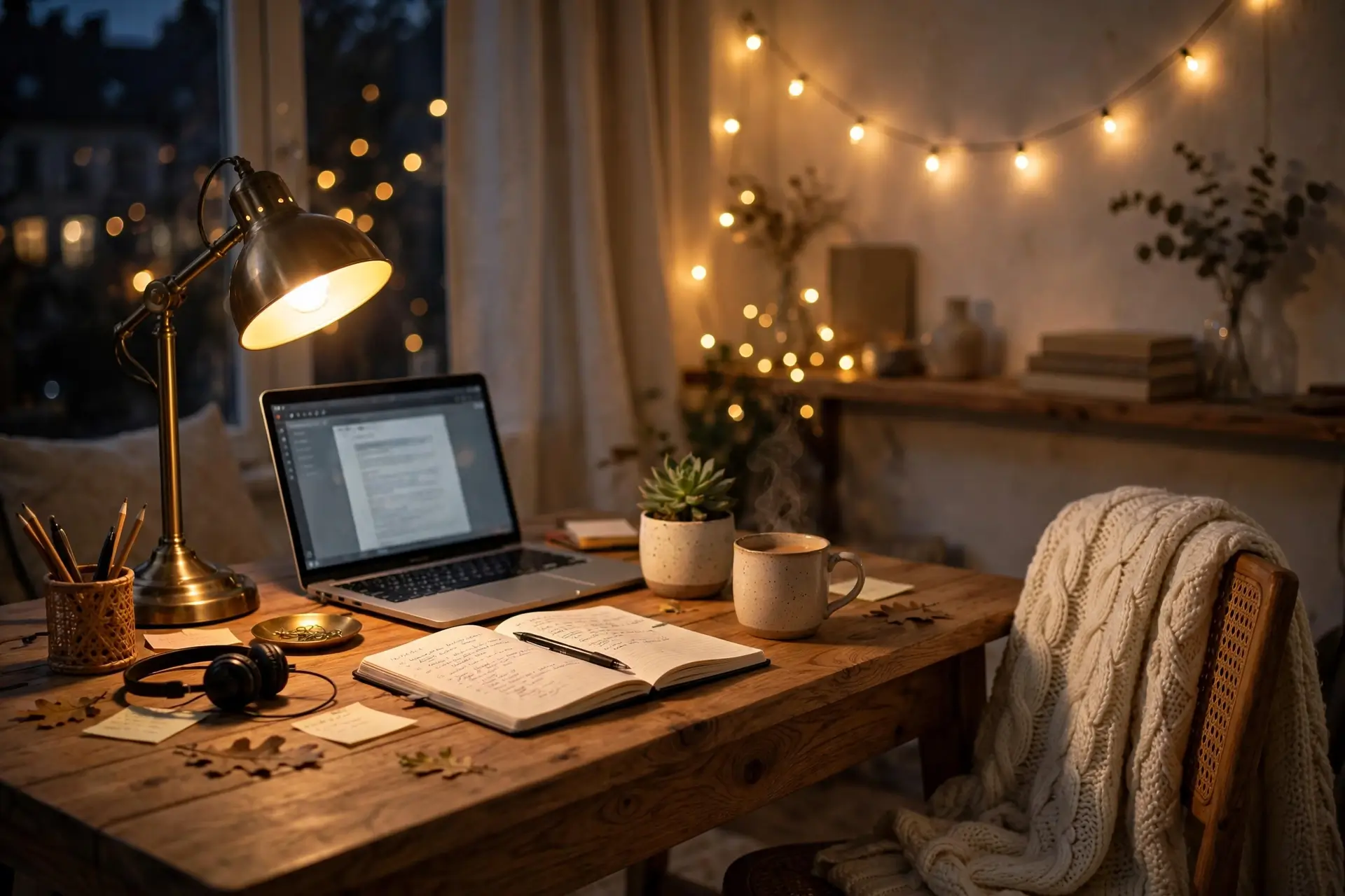 Cozy desk setup in the evening with warm lamp glow, plant and throw blanket