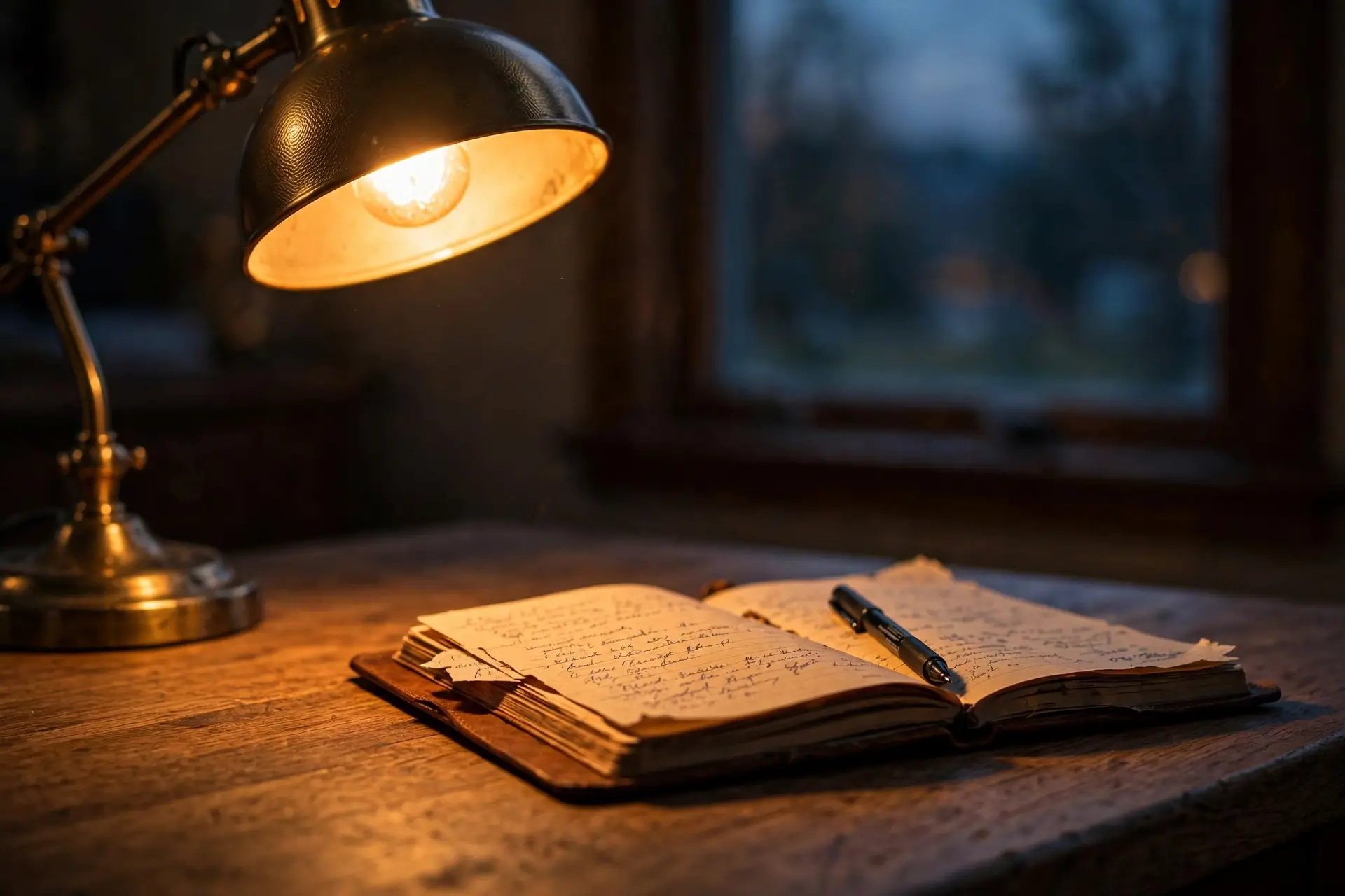 Warm desk lamp casting a golden pool of light over a notebook at dusk