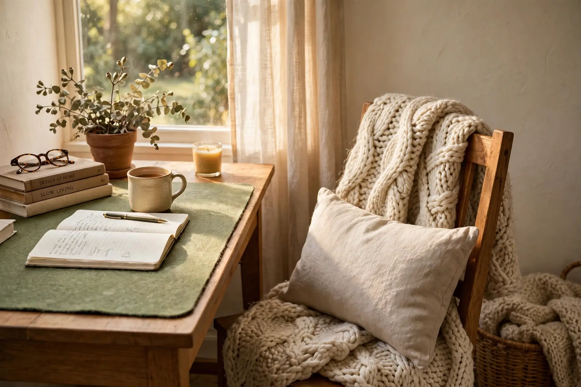 Cozy desk with felt desk mat, knitted throw on chair and linen cushion