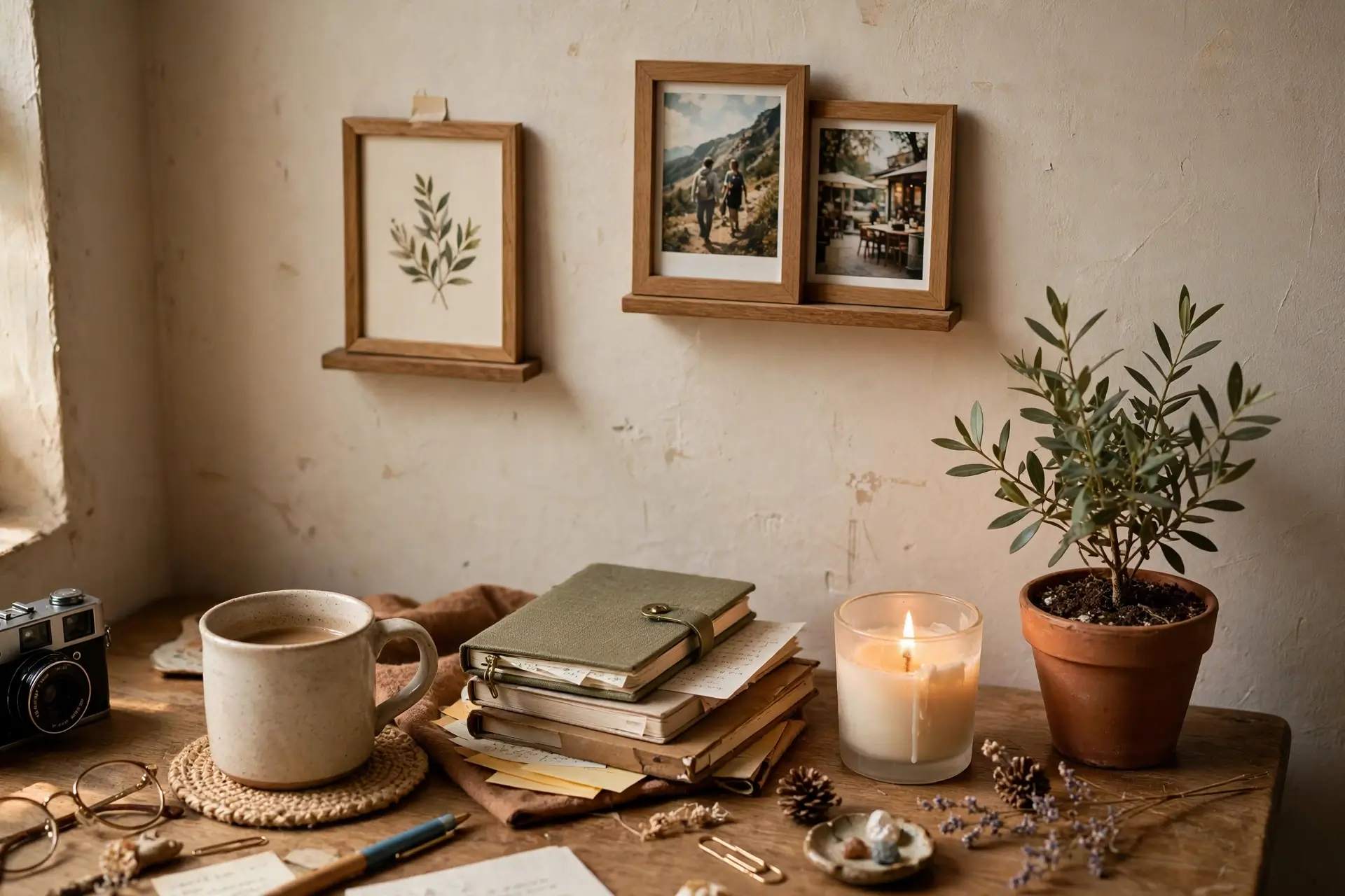 Personal styled desk corner with framed photos, art print, plant and candle