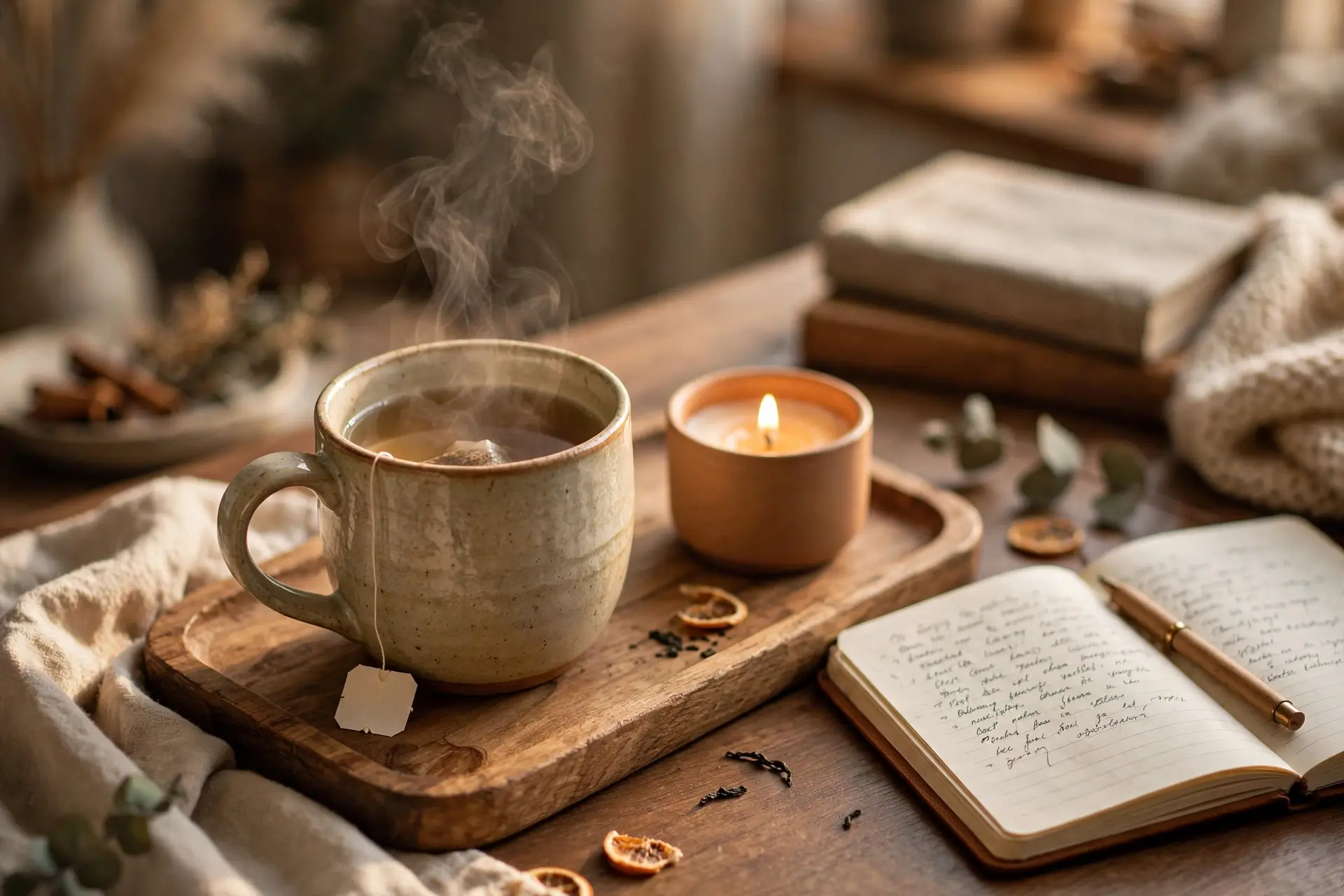 Steaming mug of tea on a wooden tray beside a notebook and candle on a cozy desk