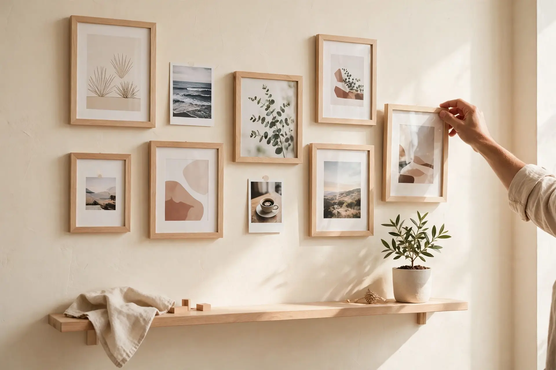 Hand adjusting a frame on an easy DIY gallery wall in a bright living room