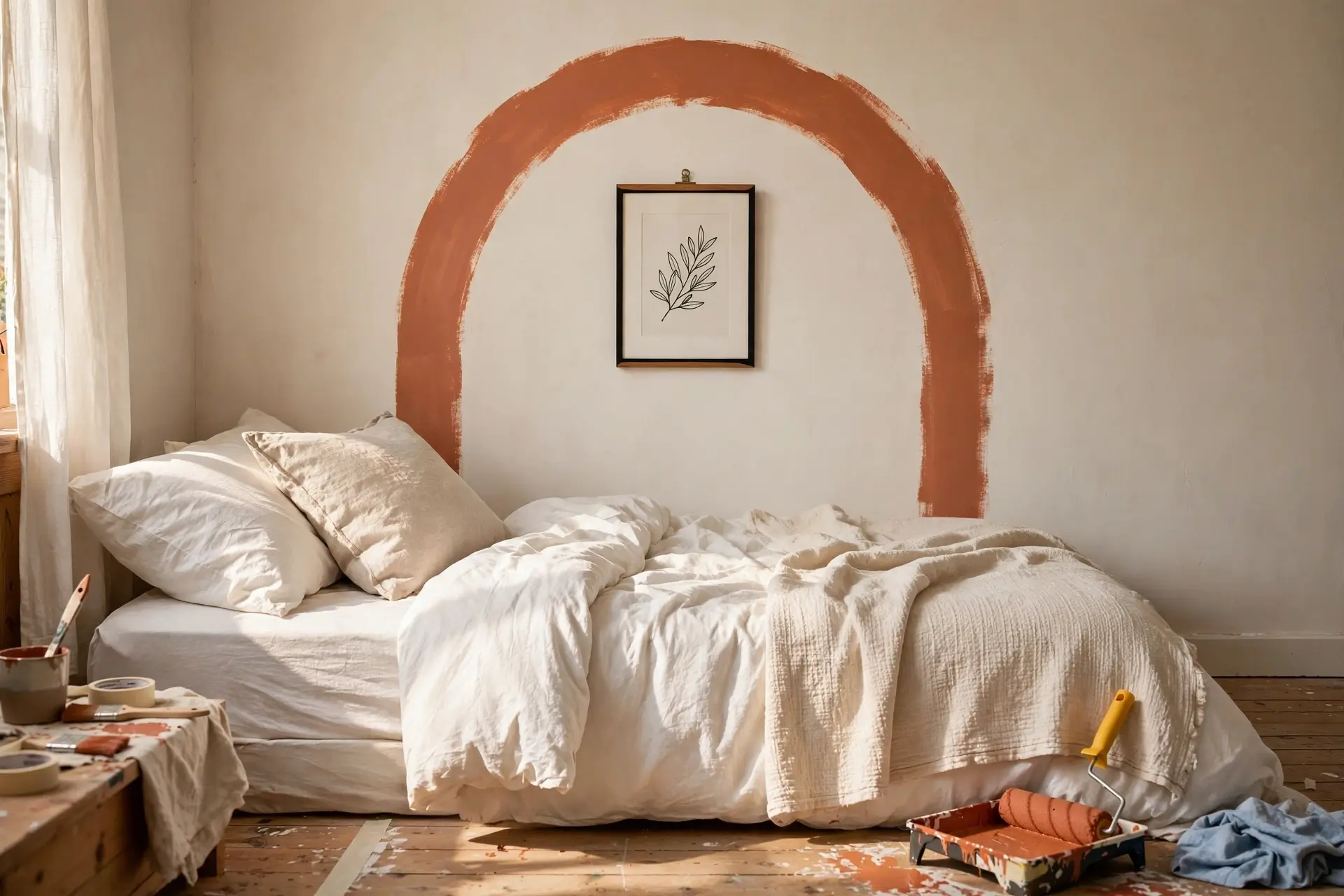 Hand-painted terracotta arch on a bedroom wall behind a bed, an easy Sunday painting project