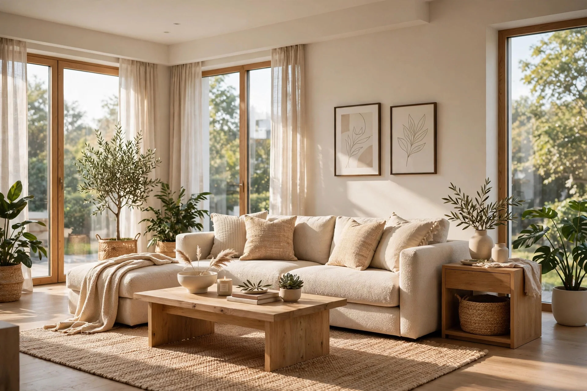 Bright modern living room with beige sofa, wooden coffee table and large sunlit windows
