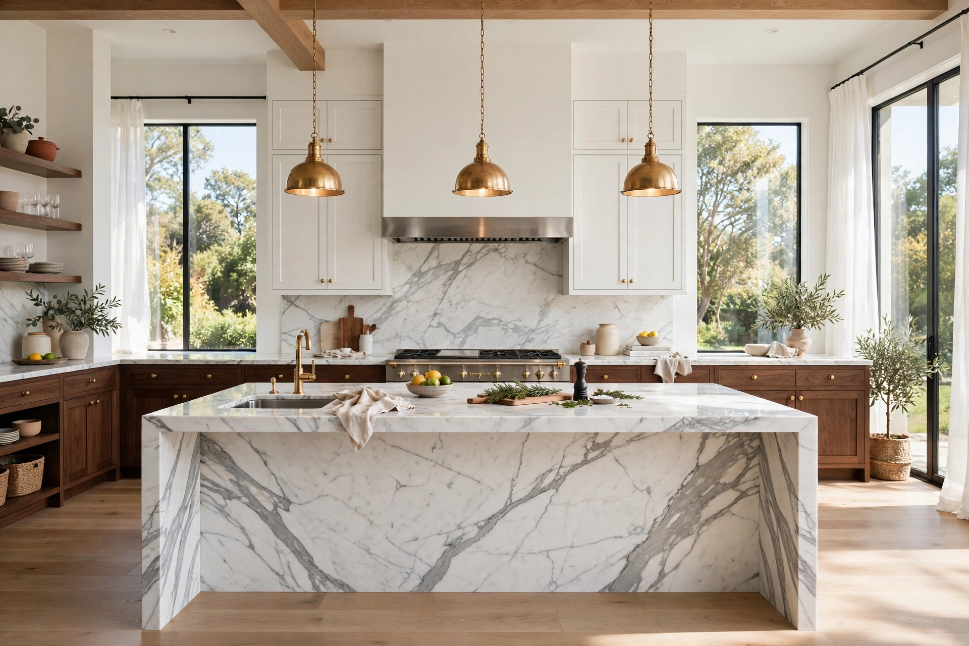 Luxurious kitchen with marble waterfall island and brass pendant lights