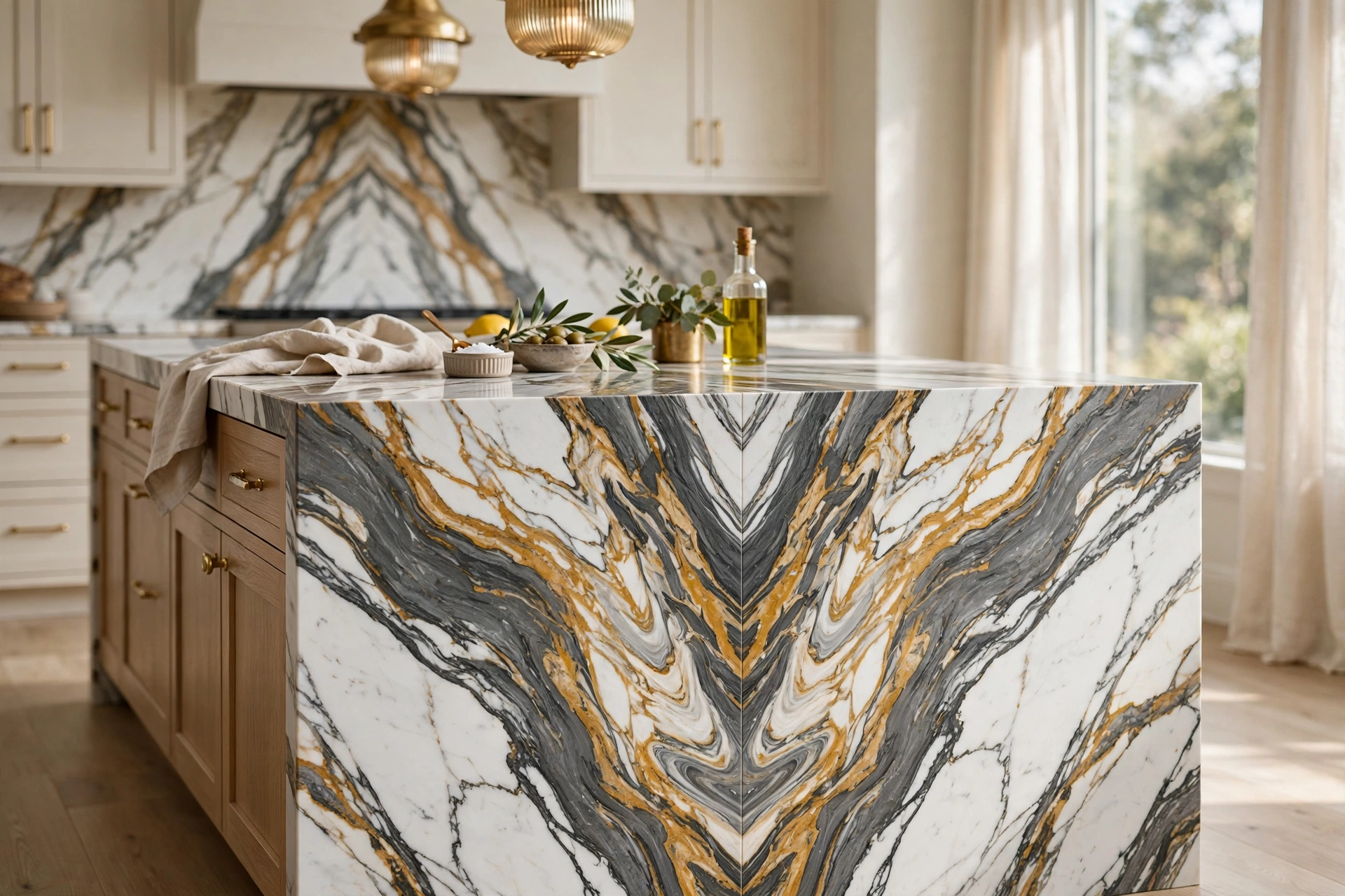 Dramatic bookmatched marble waterfall kitchen island with bold veining