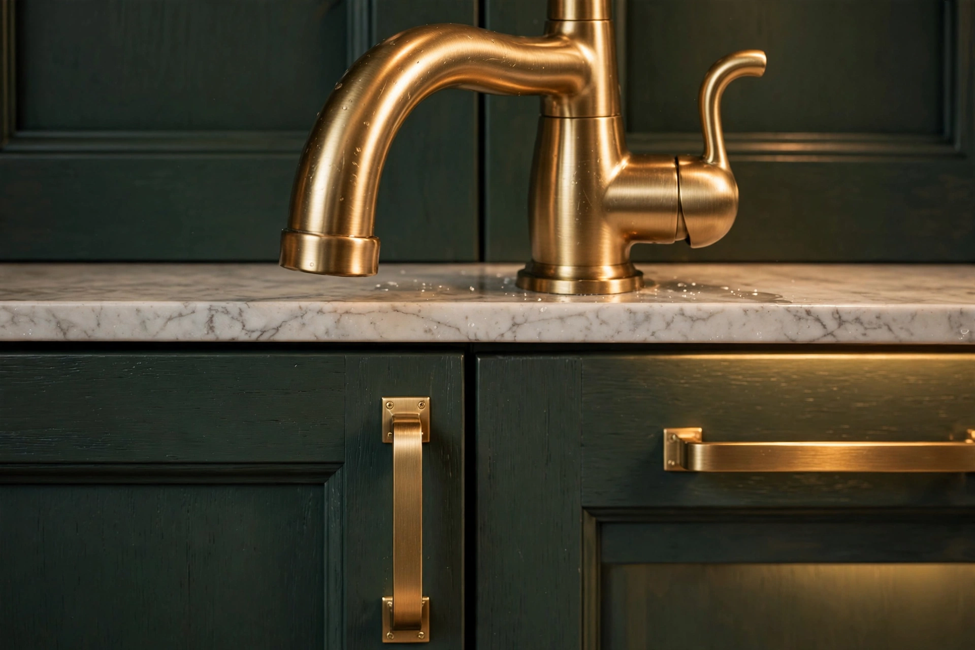 Brushed brass kitchen faucet and cabinet hardware glowing against dark cabinetry
