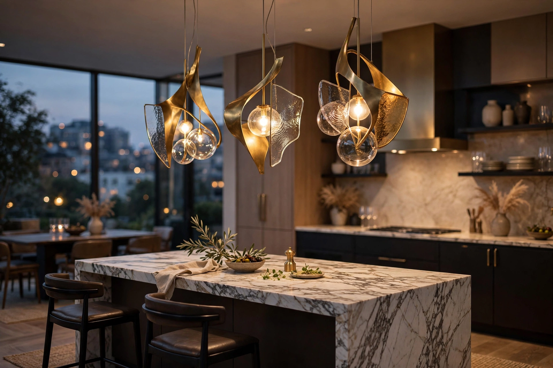Sculptural brass and glass pendant lights glowing over a luxury kitchen island at dusk