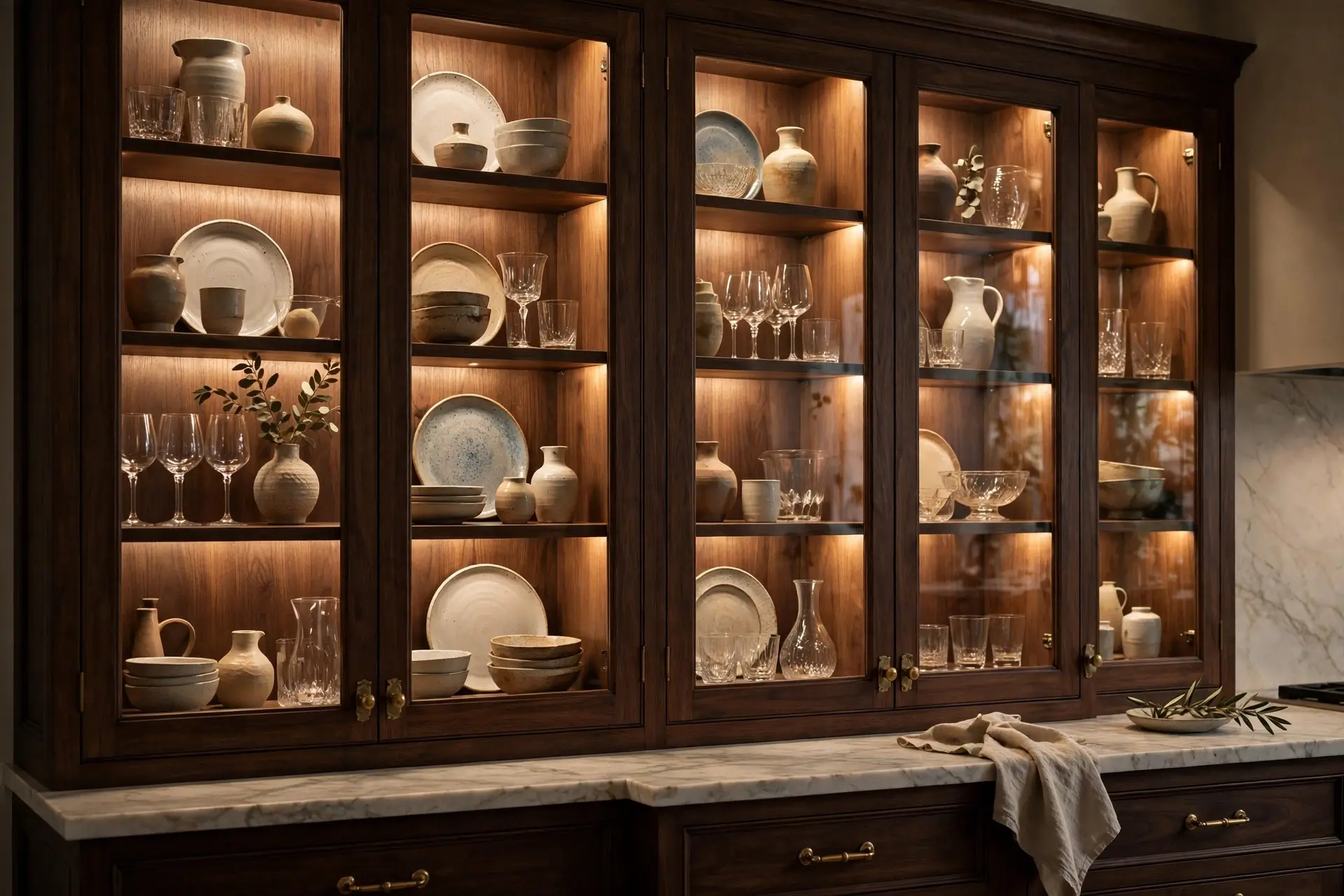 Glass-front luxury kitchen display cabinets with interior lighting styled with ceramics