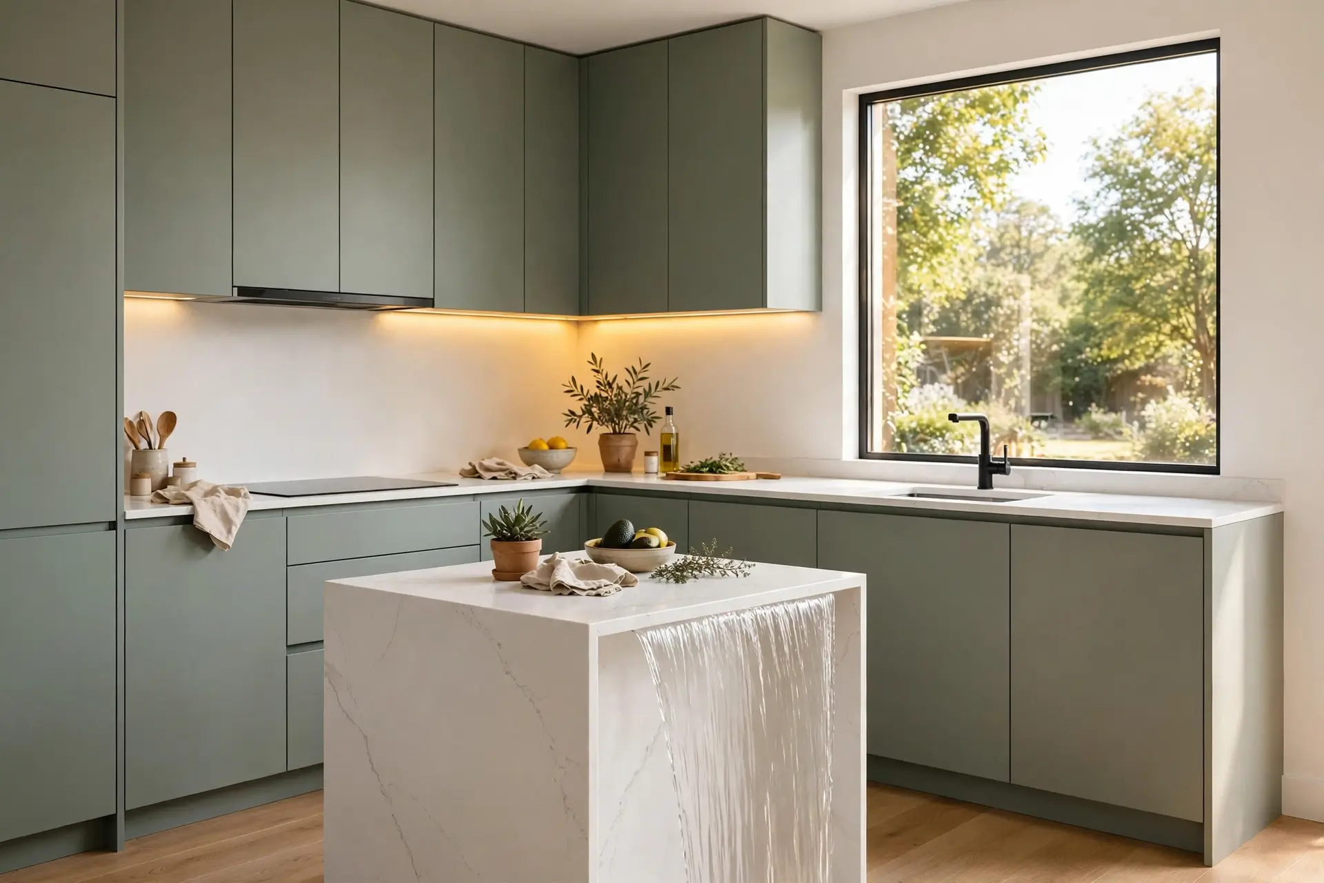 Modern small kitchen with handleless sage-green cabinets and warm under-cabinet lighting
