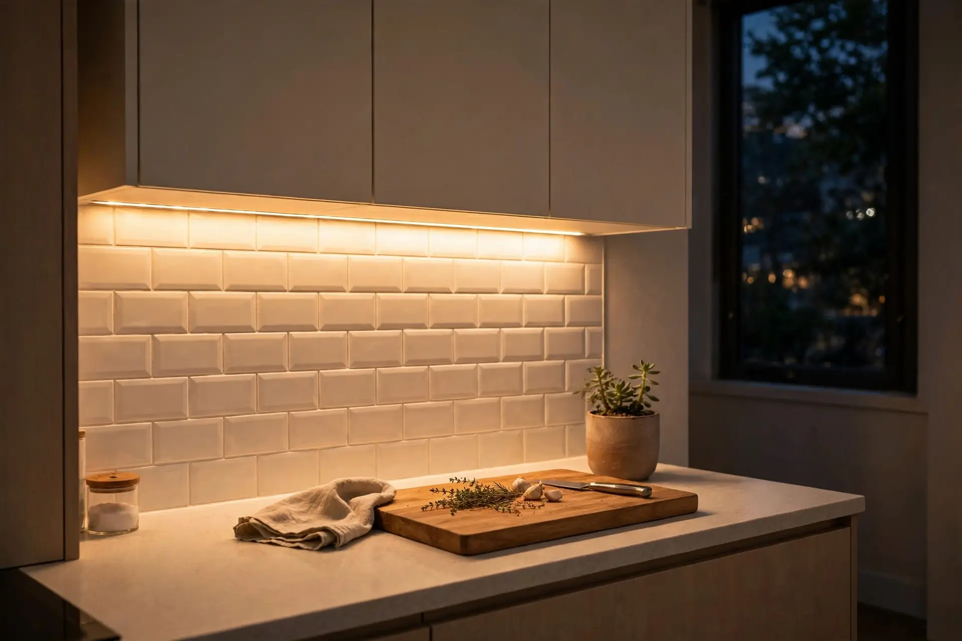 Warm under-cabinet LED lighting glowing over a small kitchen countertop in the evening