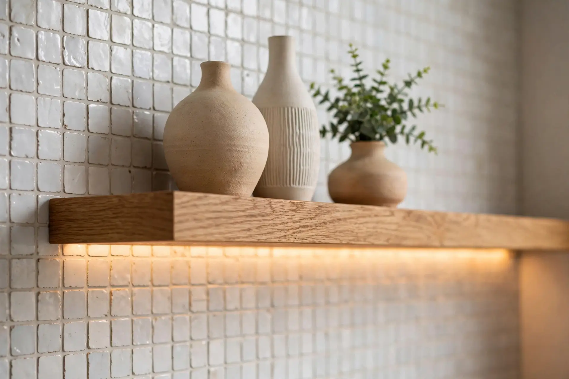Styled floating oak shelf with ceramic vases and a small plant against white zellige tiles