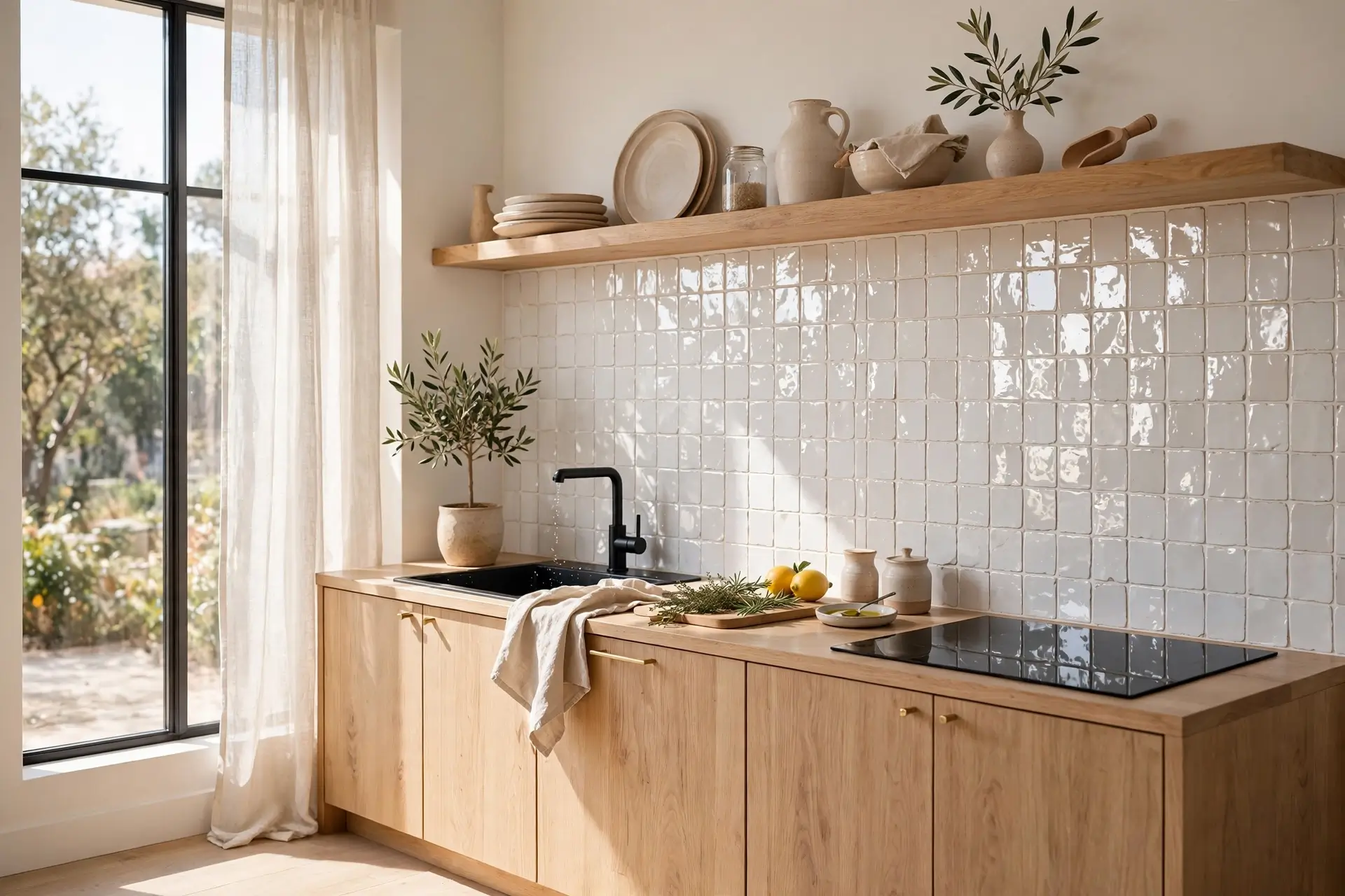 Glossy white zellige backsplash tiles reflecting bright window daylight in a small kitchen
