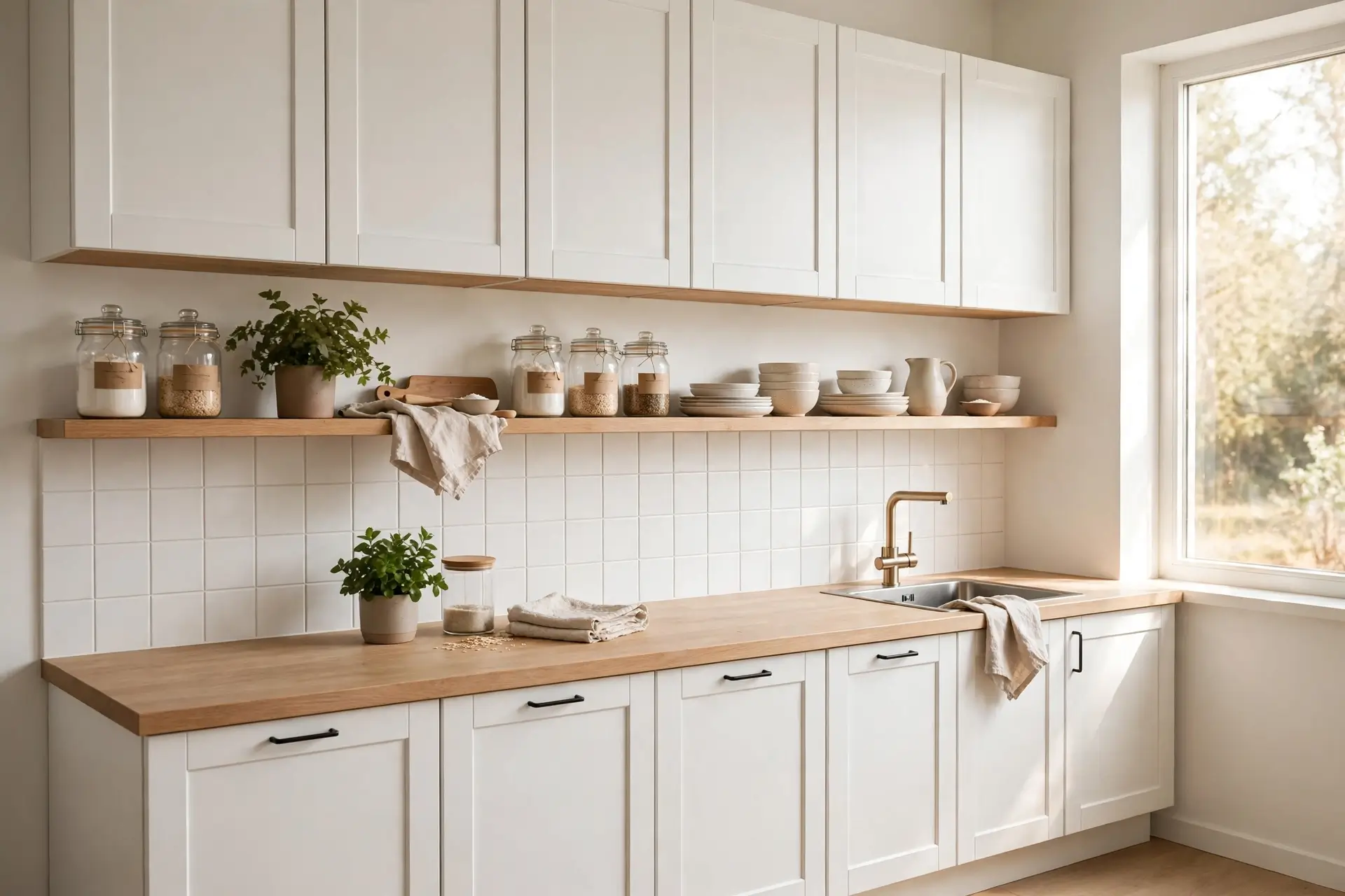 Bright simple kitchen with white shaker cabinets and light wood open shelves