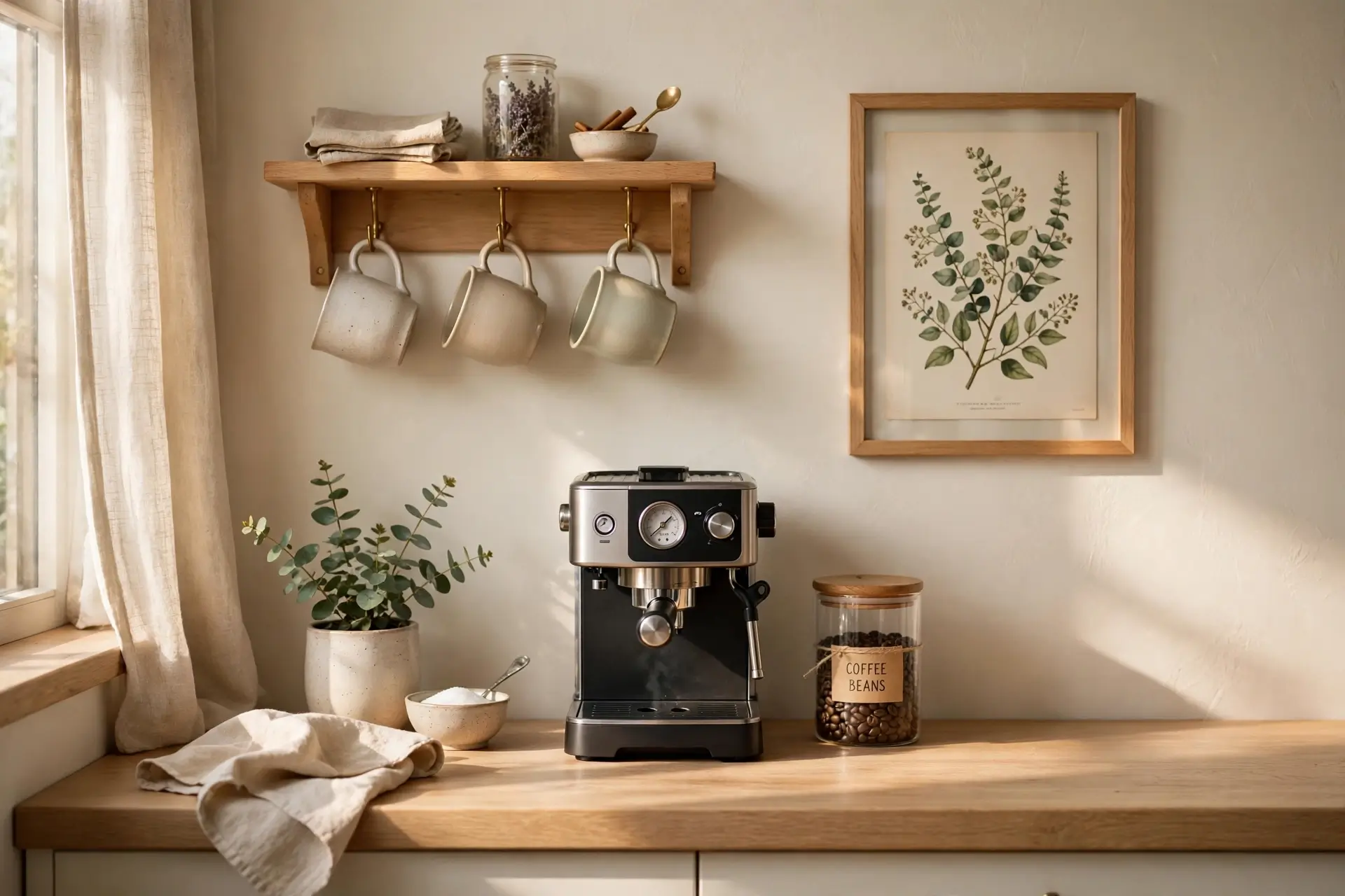 Cozy kitchen coffee corner with mugs on hooks and a small espresso maker