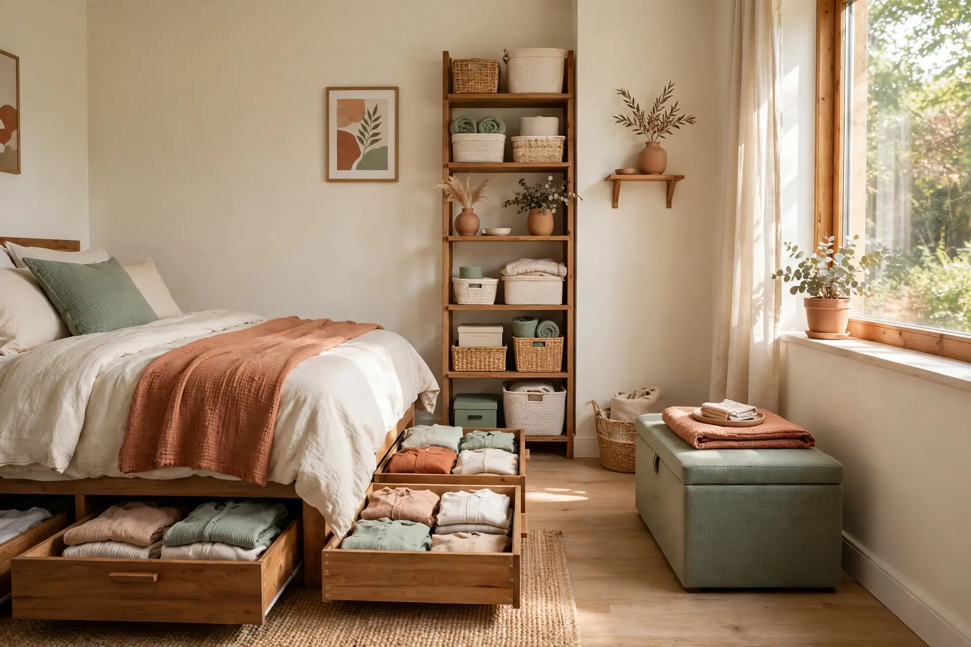 Small organized bedroom with under-bed storage drawers, tall shelving unit and storage ottoman