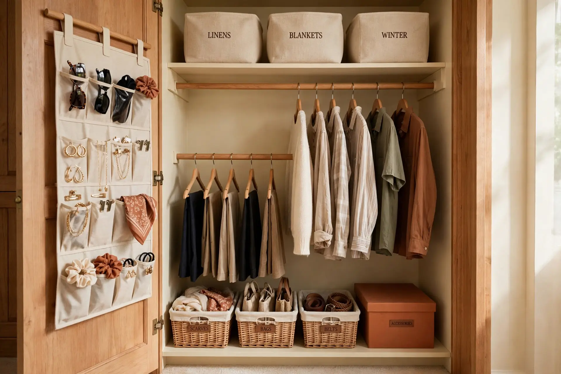 Small bedroom closet with double hanging rods, labeled storage bins and door-back organizer