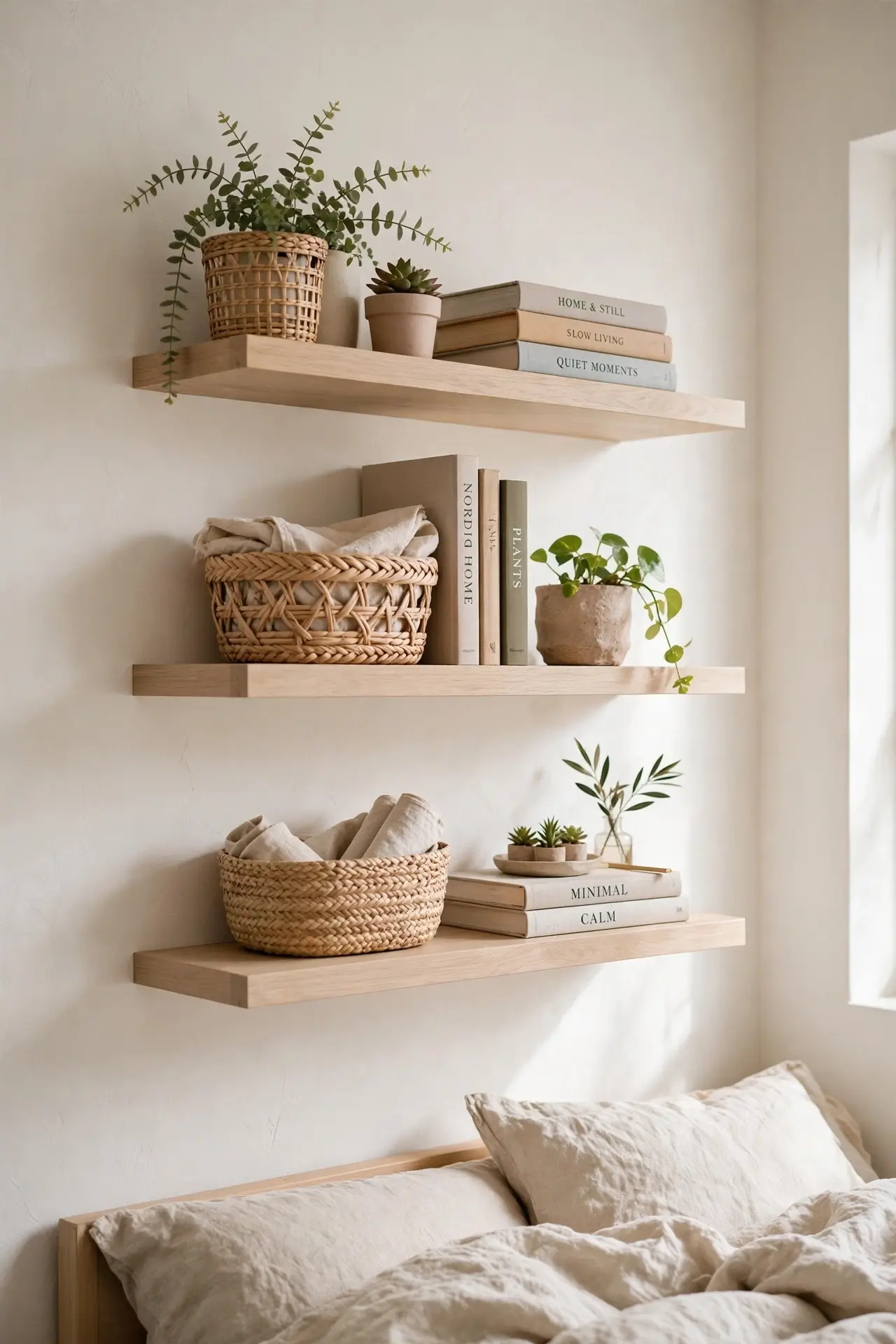 Floating wooden shelves with plants and baskets above a bed in a small bedroom