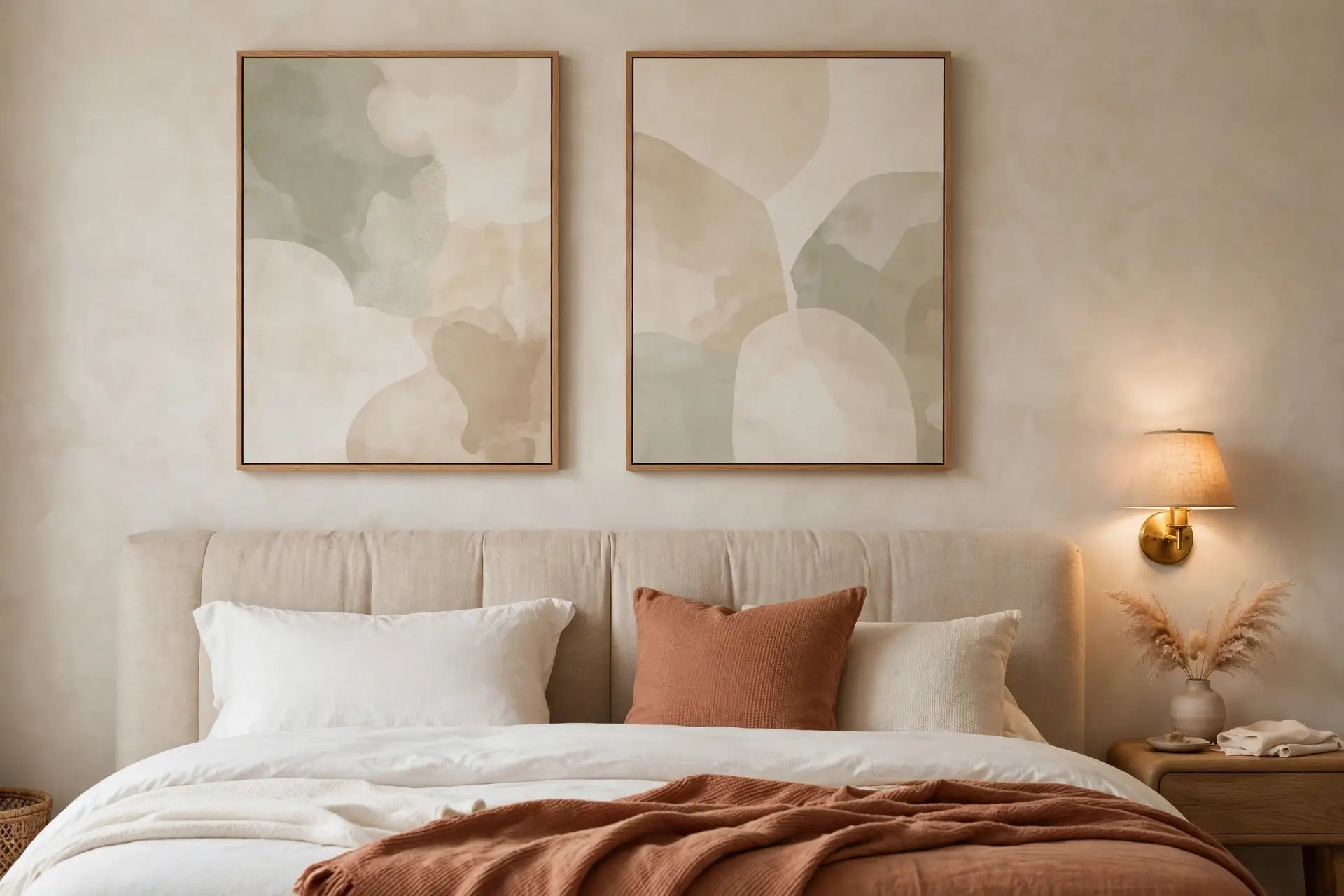 Serene bedroom wall with soft abstract art in sage and cream tones above an upholstered headboard