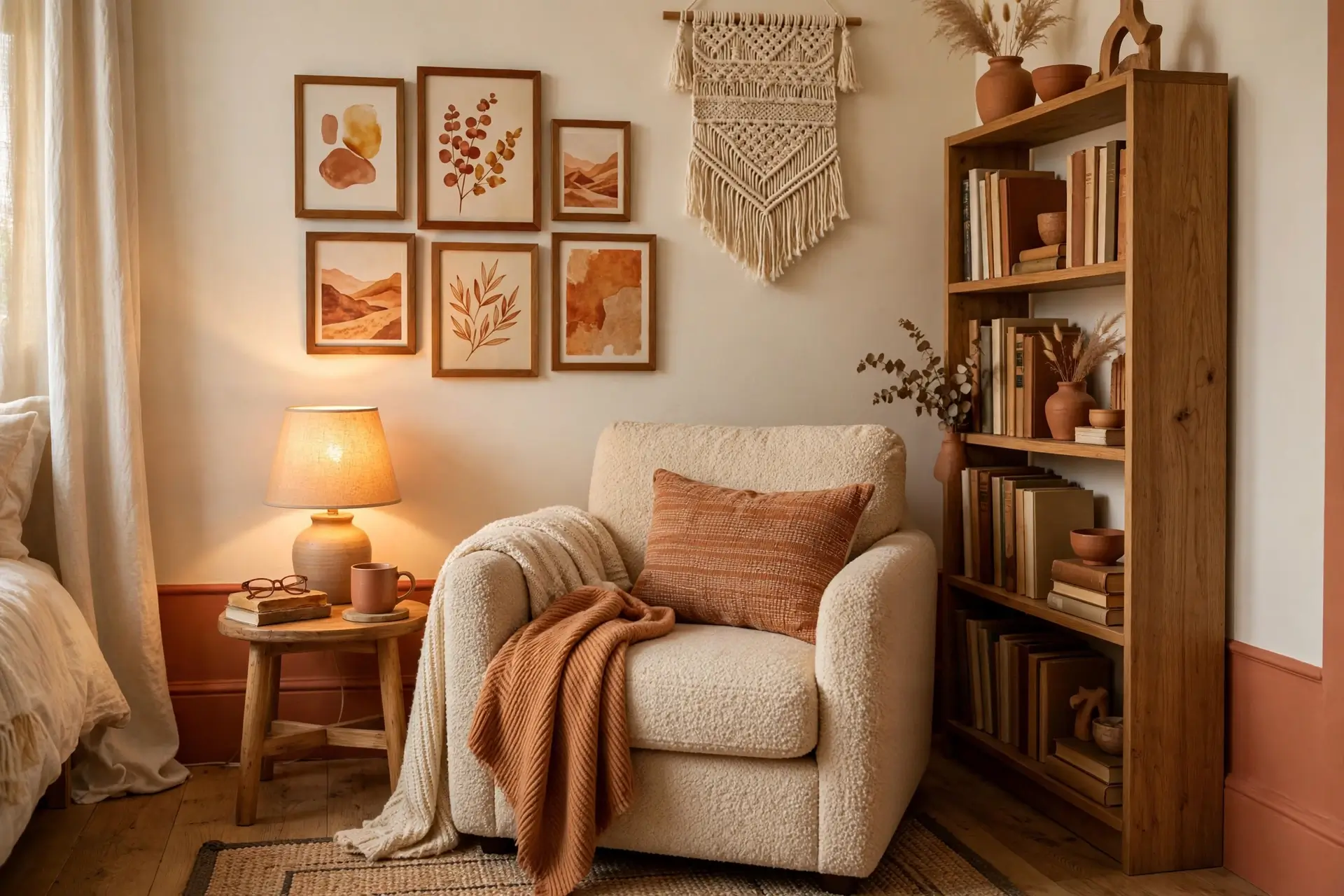 Cozy bedroom reading corner with small gallery wall of warm prints above an armchair