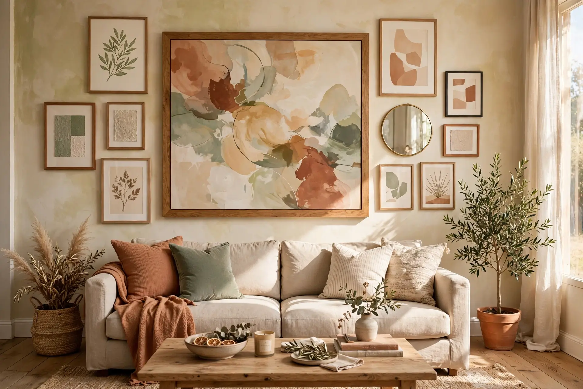 Living room gallery wall with framed art in terracotta, cream and sage tones above a beige sofa