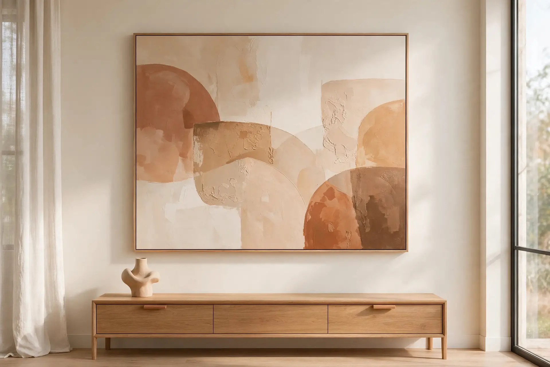 Minimalist living room wall with one oversized abstract painting above a wooden console