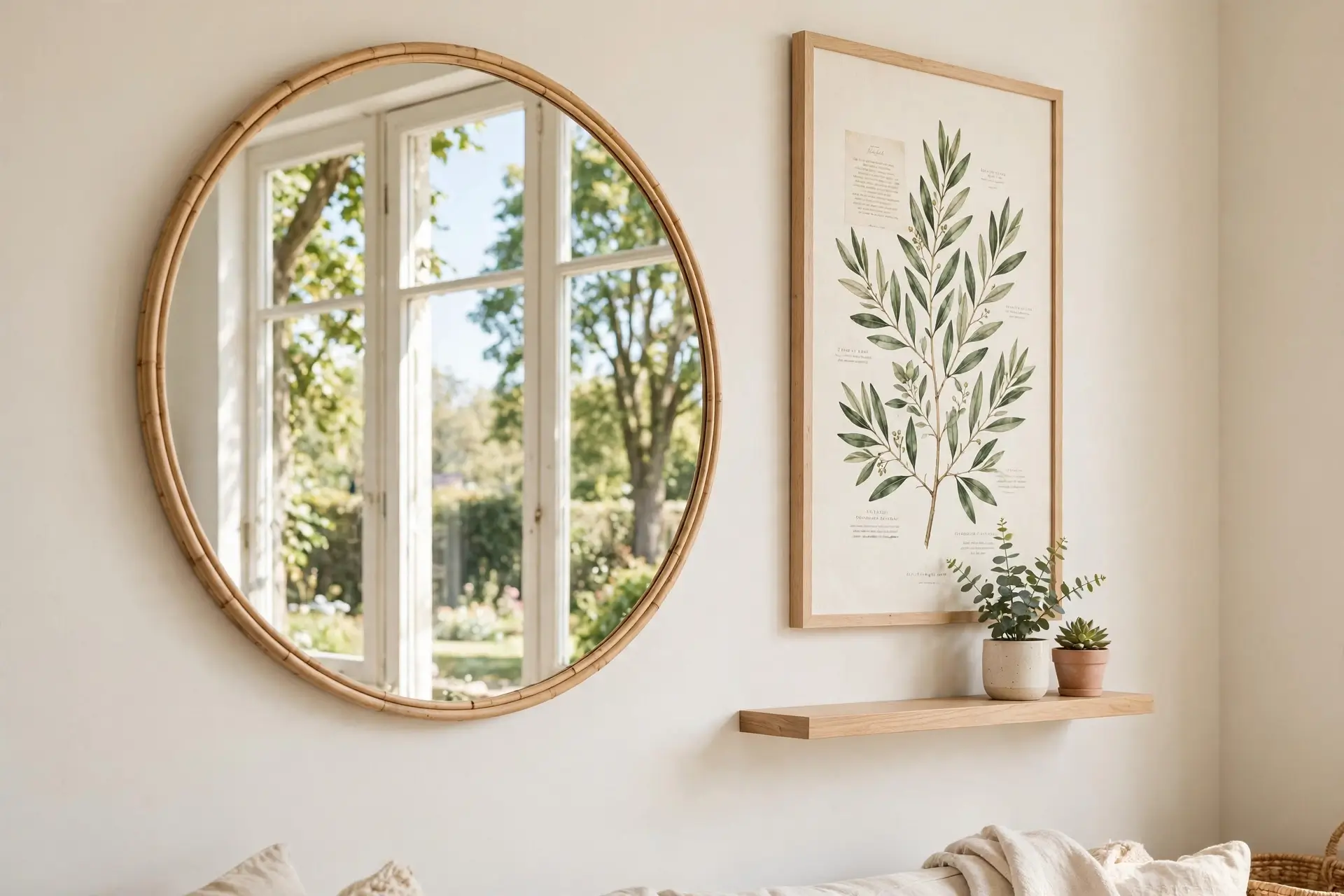 Small living room wall with a large round mirror and tall vertical art making the space feel bigger