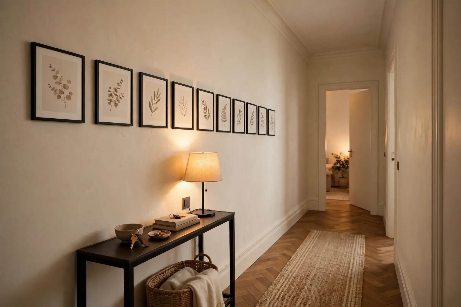 Narrow hallway with a horizontal row of small framed prints making the corridor feel wider