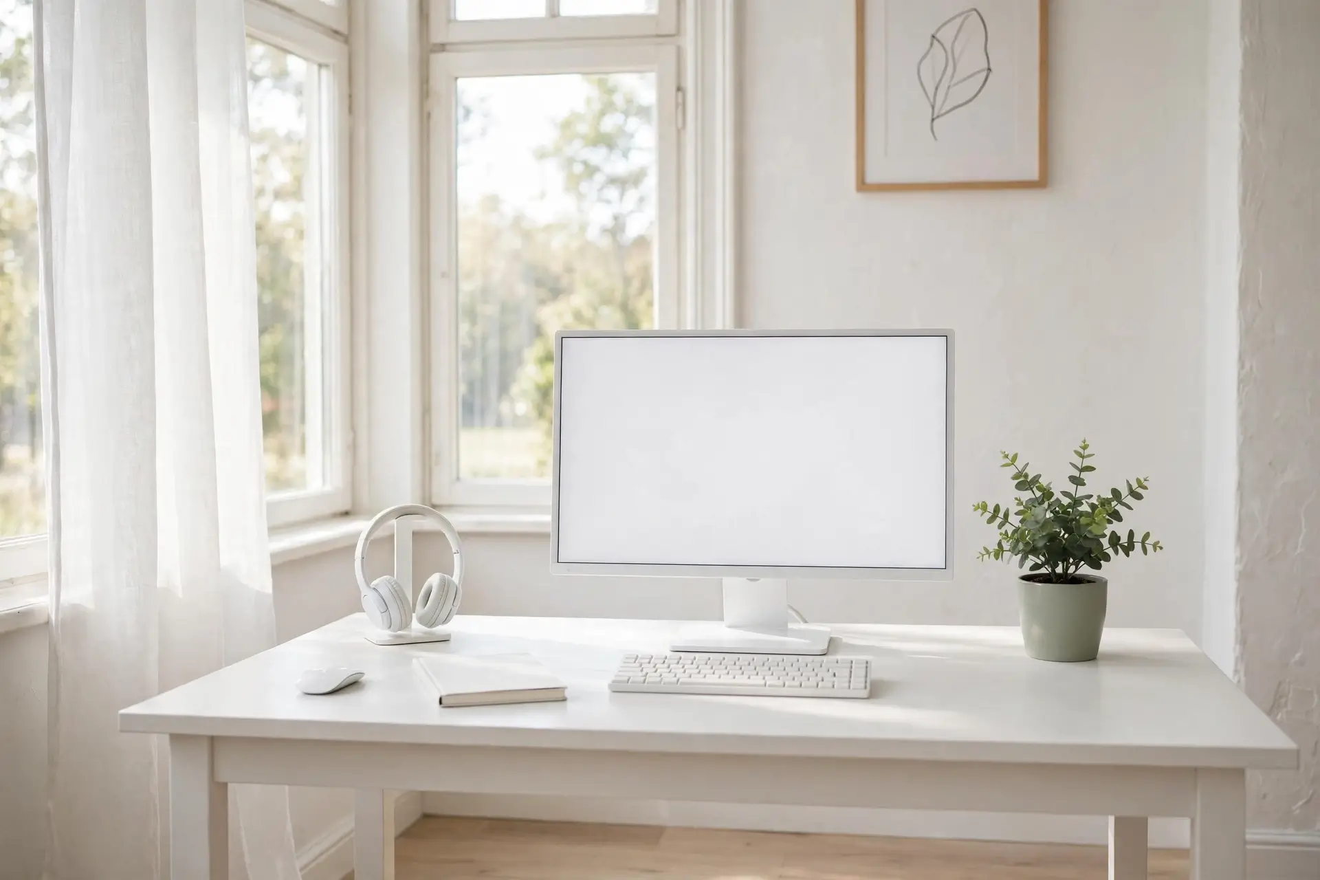 Bright white desk setup with plant in natural daylight