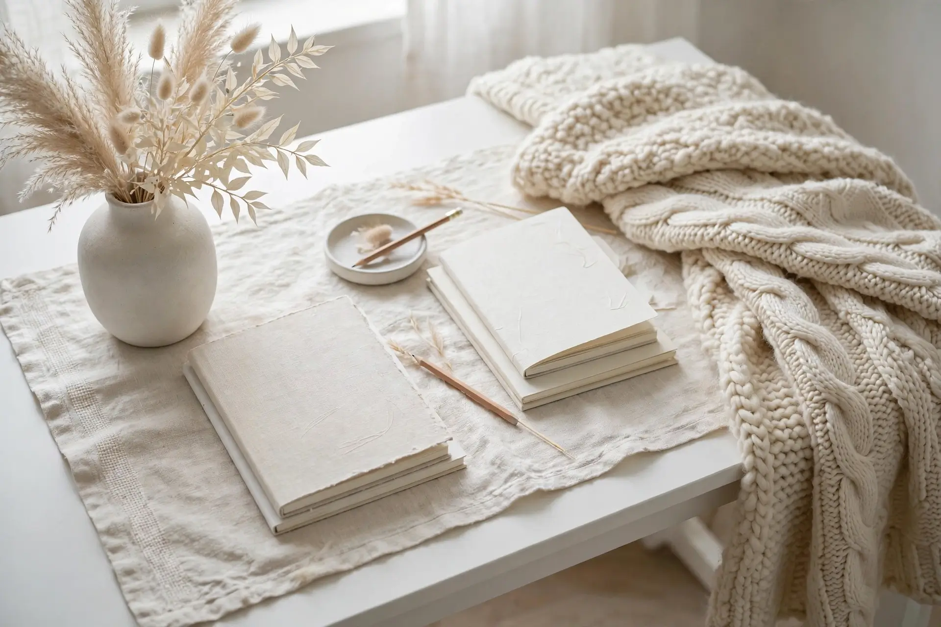 White desk styled with layered white and cream textures