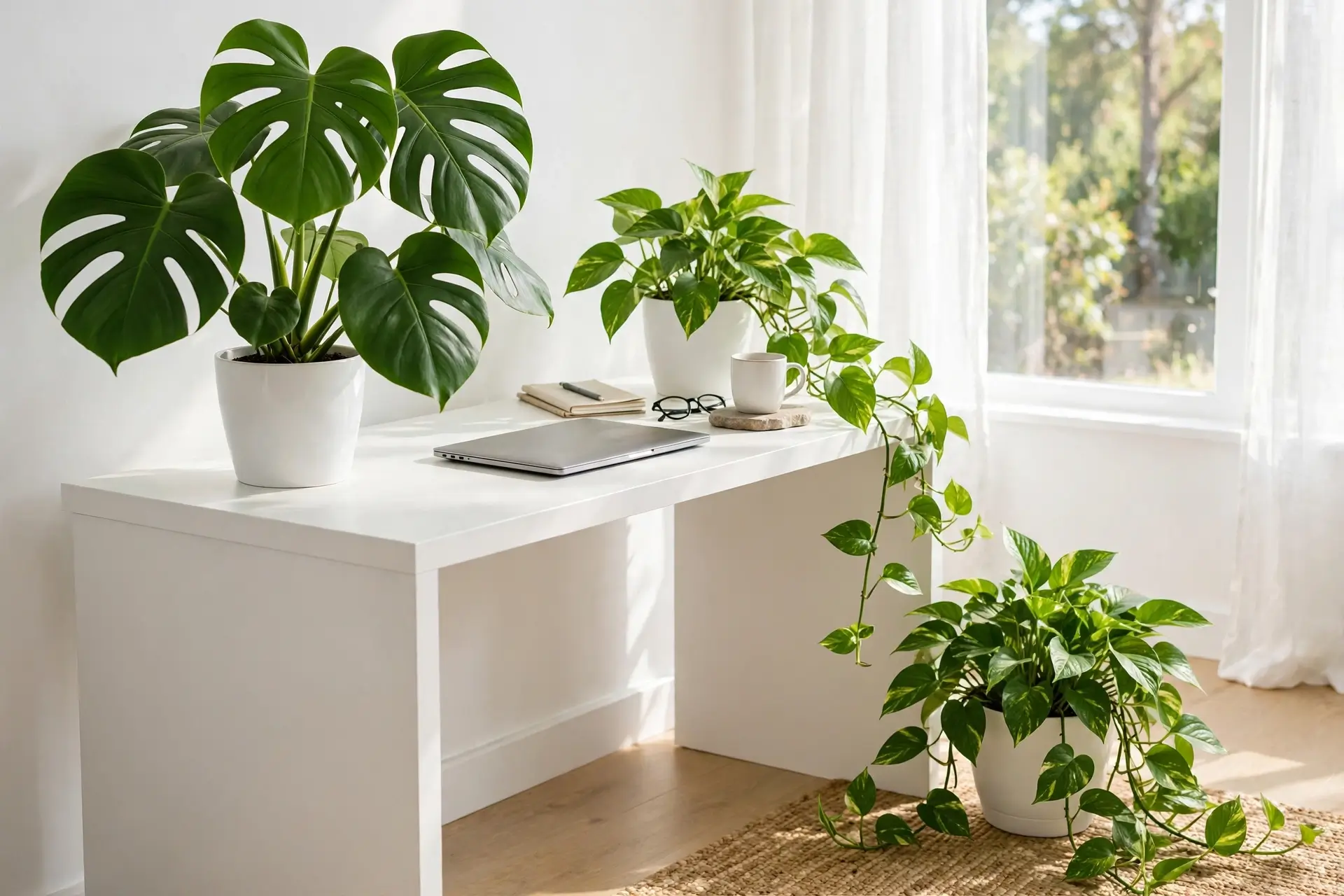 White desk with lush green plants in white pots