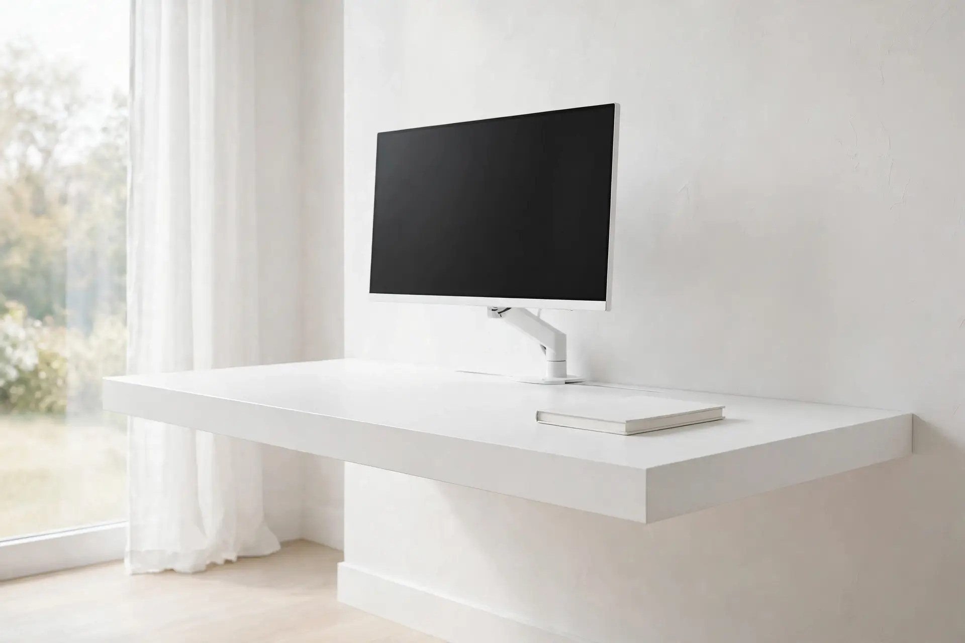 Ultra-clean white desk with hidden cables and floating design