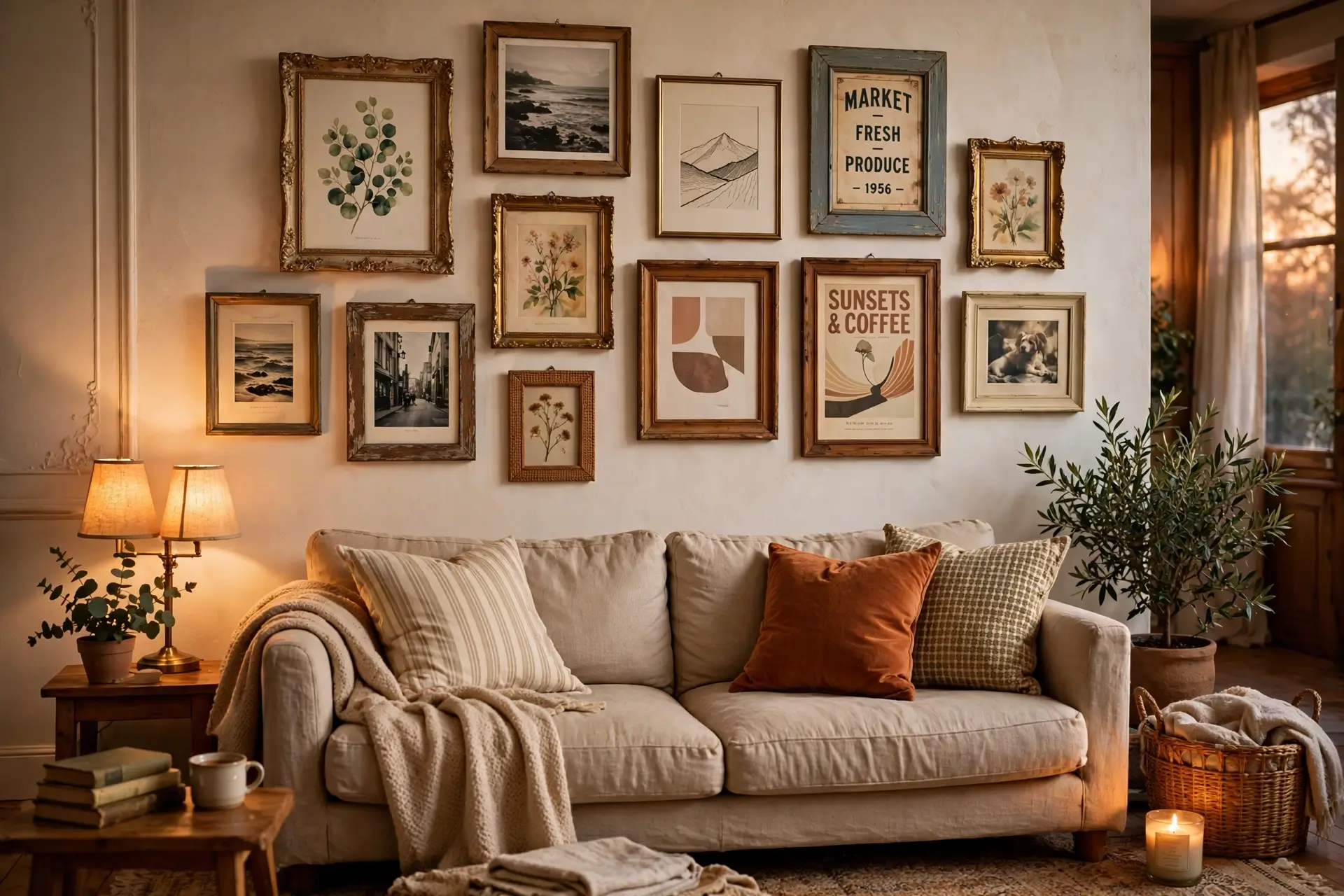 Stylish budget-friendly gallery wall above a sofa
