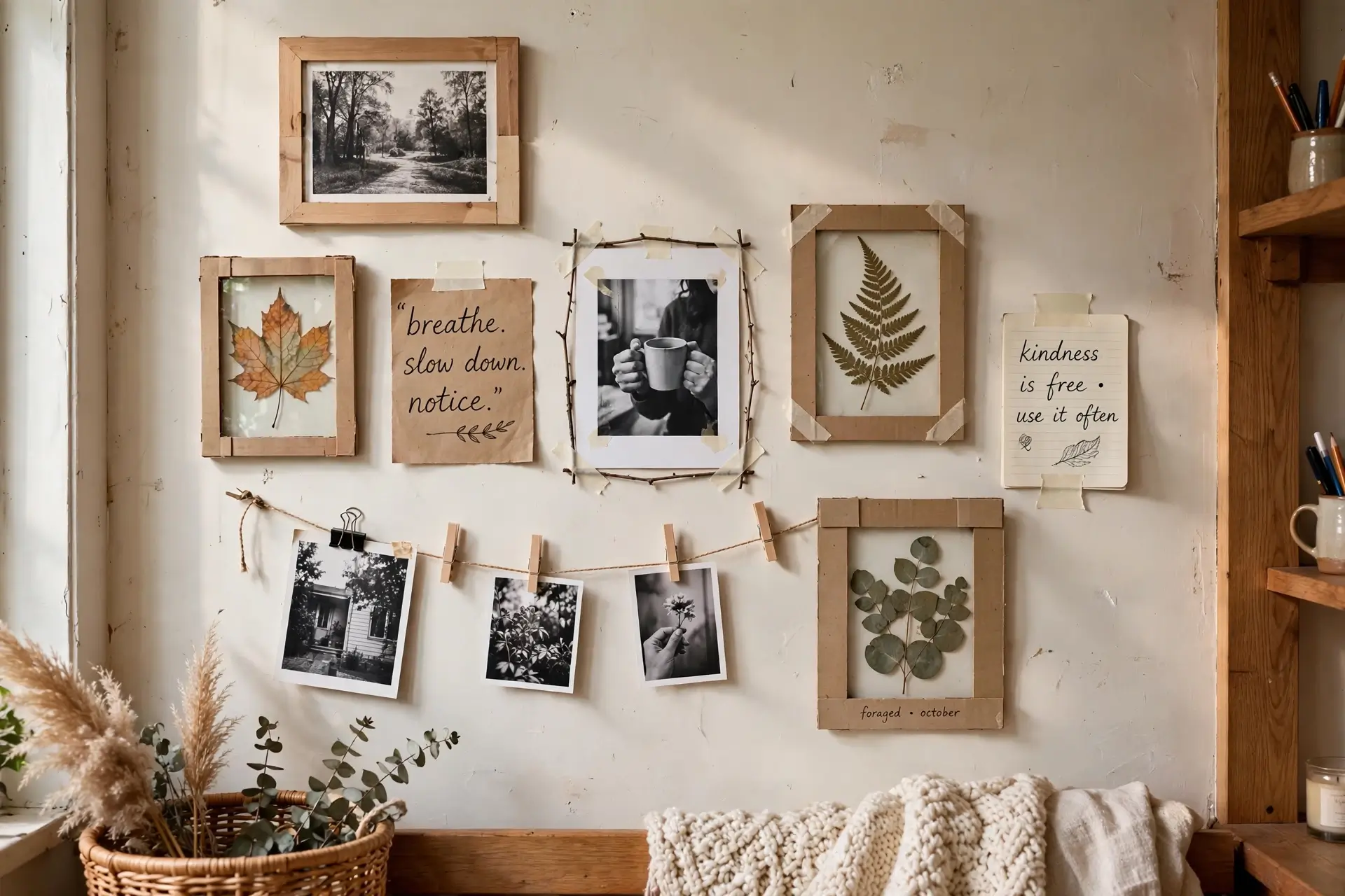 DIY zero-cost gallery wall with printed photos and pressed leaves