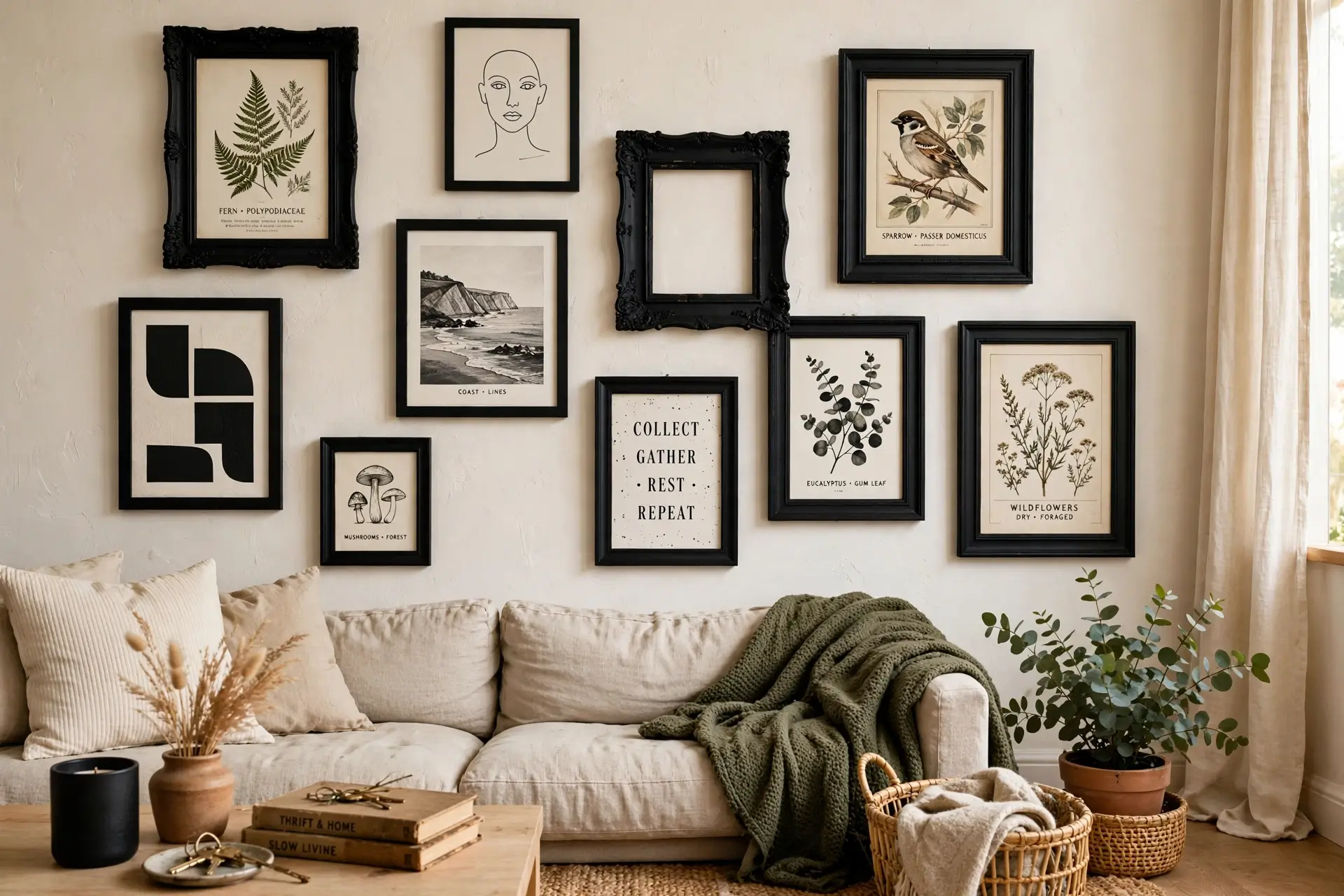 Thrifted mismatched frames spray-painted matte black in a cohesive gallery