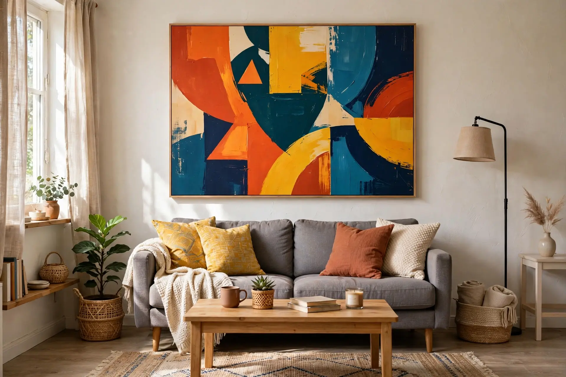 Large affordable statement art canvas above a sofa