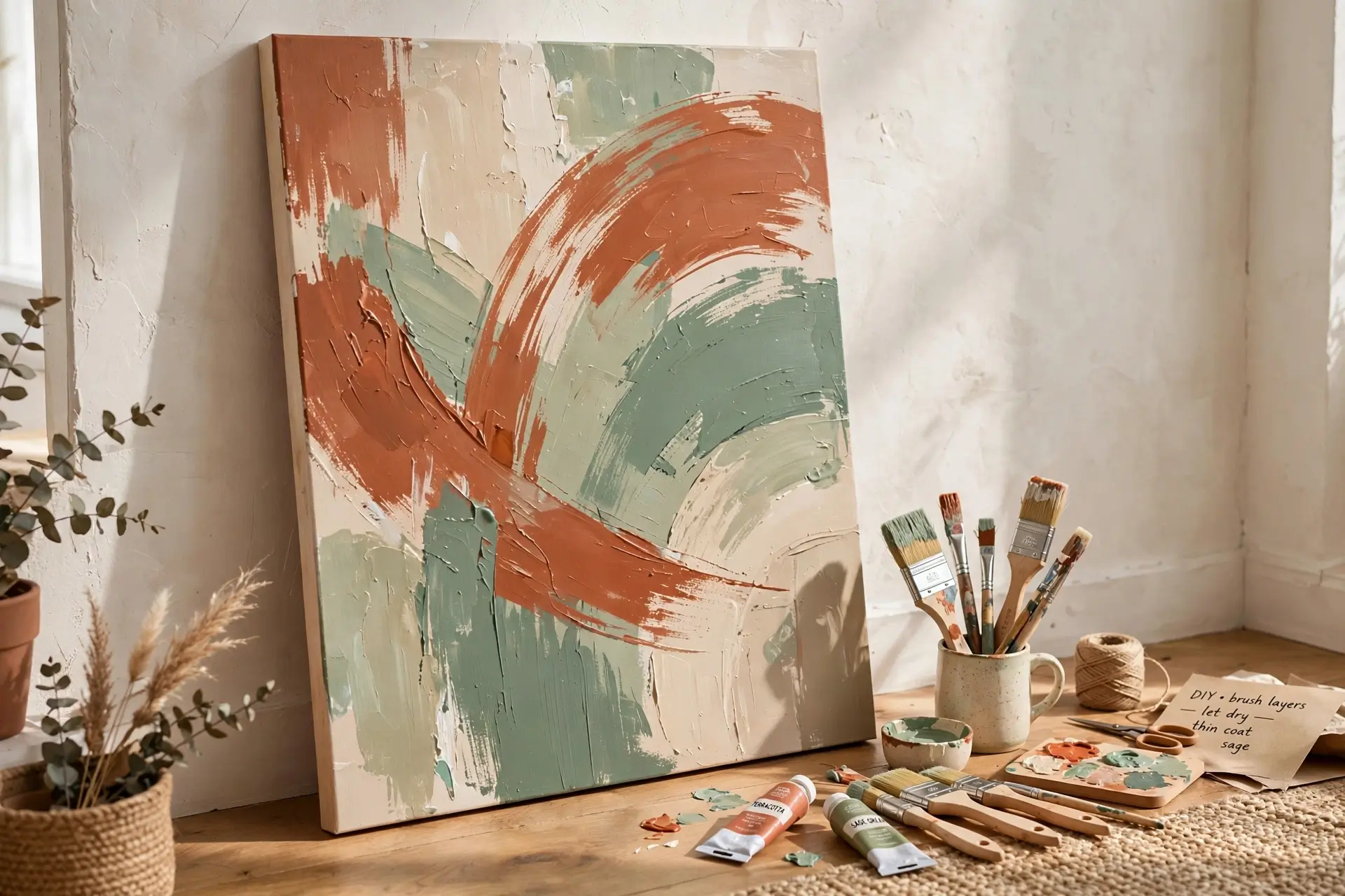 DIY painted abstract canvas in terracotta and sage tones