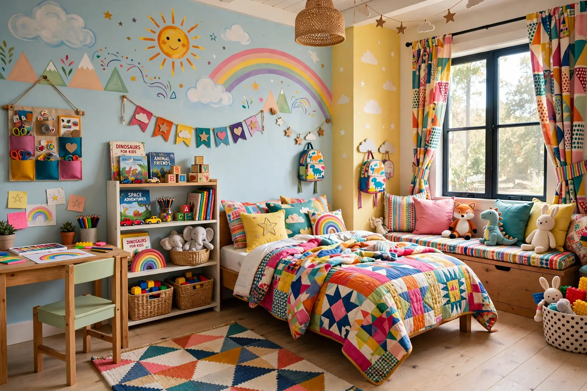 Colorful kids bedroom with cheerful painted walls