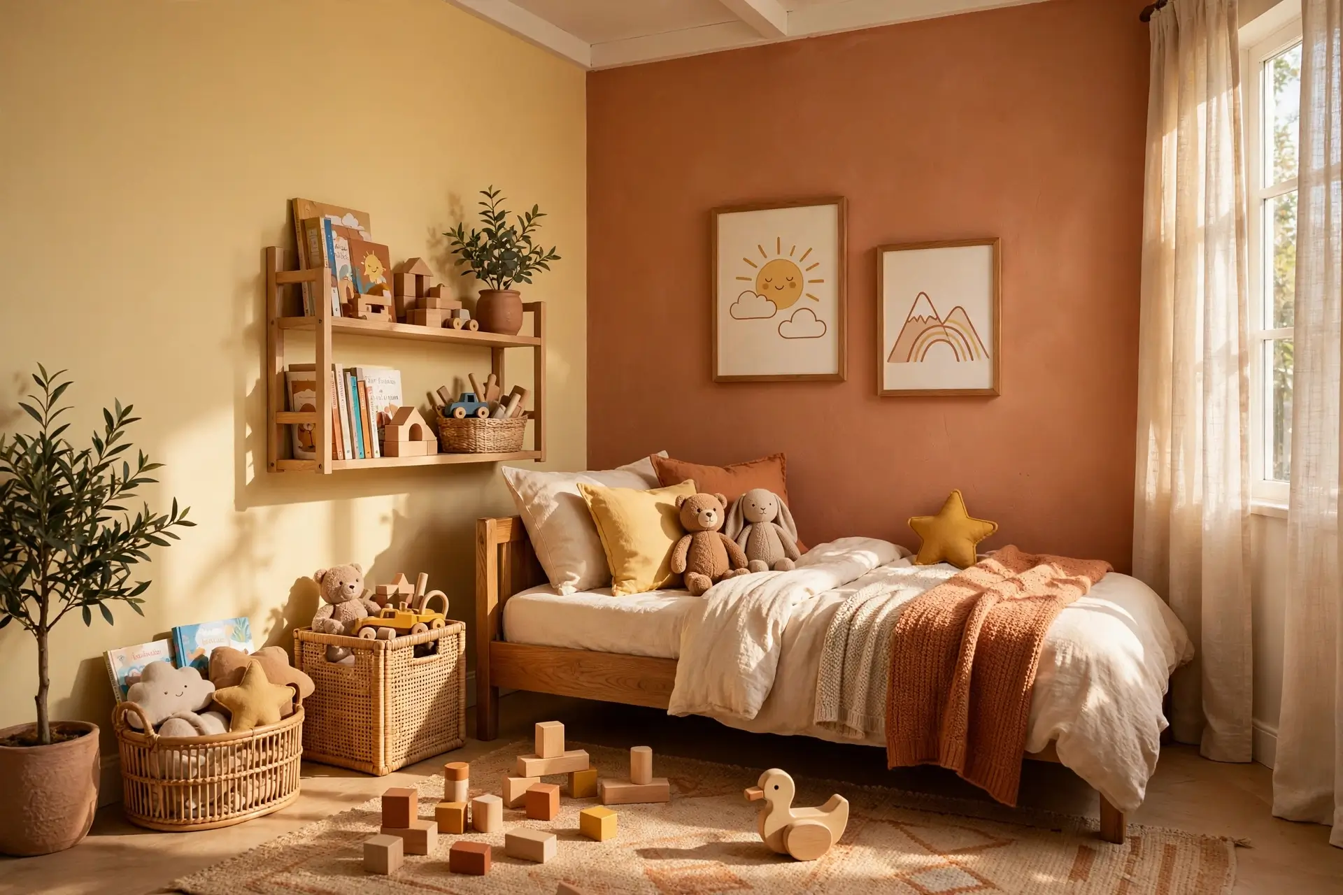 Warm sunny kids bedroom in yellow and terracotta tones
