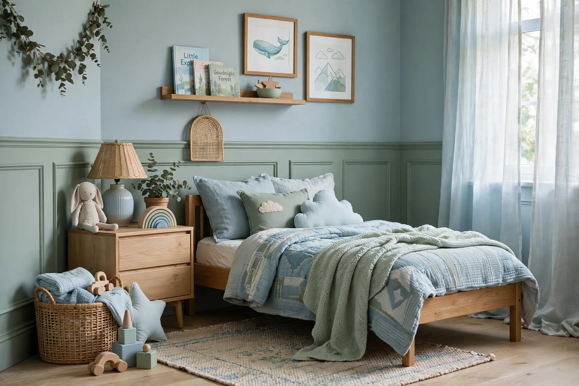 Calm blue and sage green kids bedroom